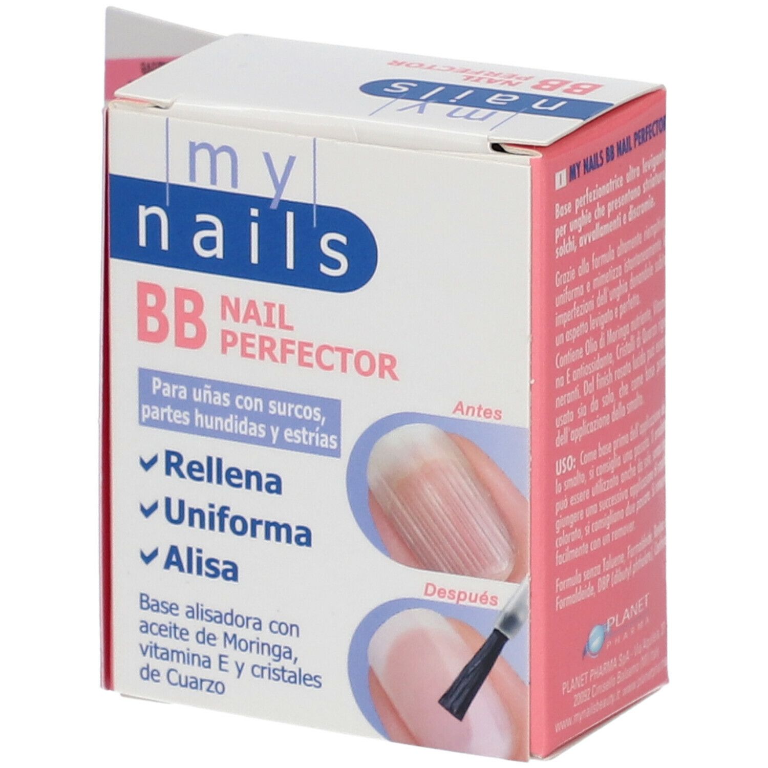 Confezione My Nails BB Nail Perfector. Contiene smalto per unghie. Testo: Rellena, Uniforma, Alisa.