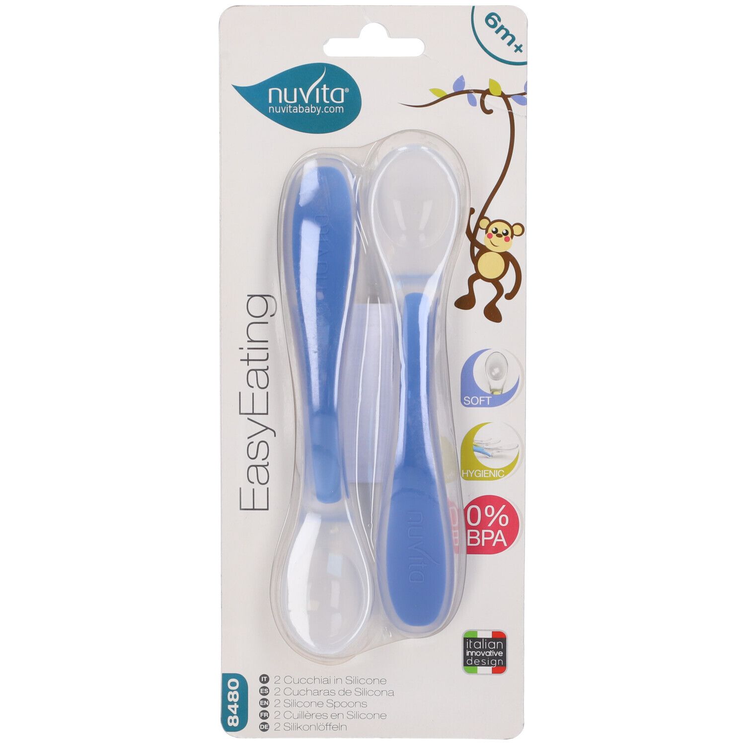 Confezione con due cucchiai in silicone blu. Logo "nuvita", testo "EasyEating", indicazione 6m+, senza BPA.