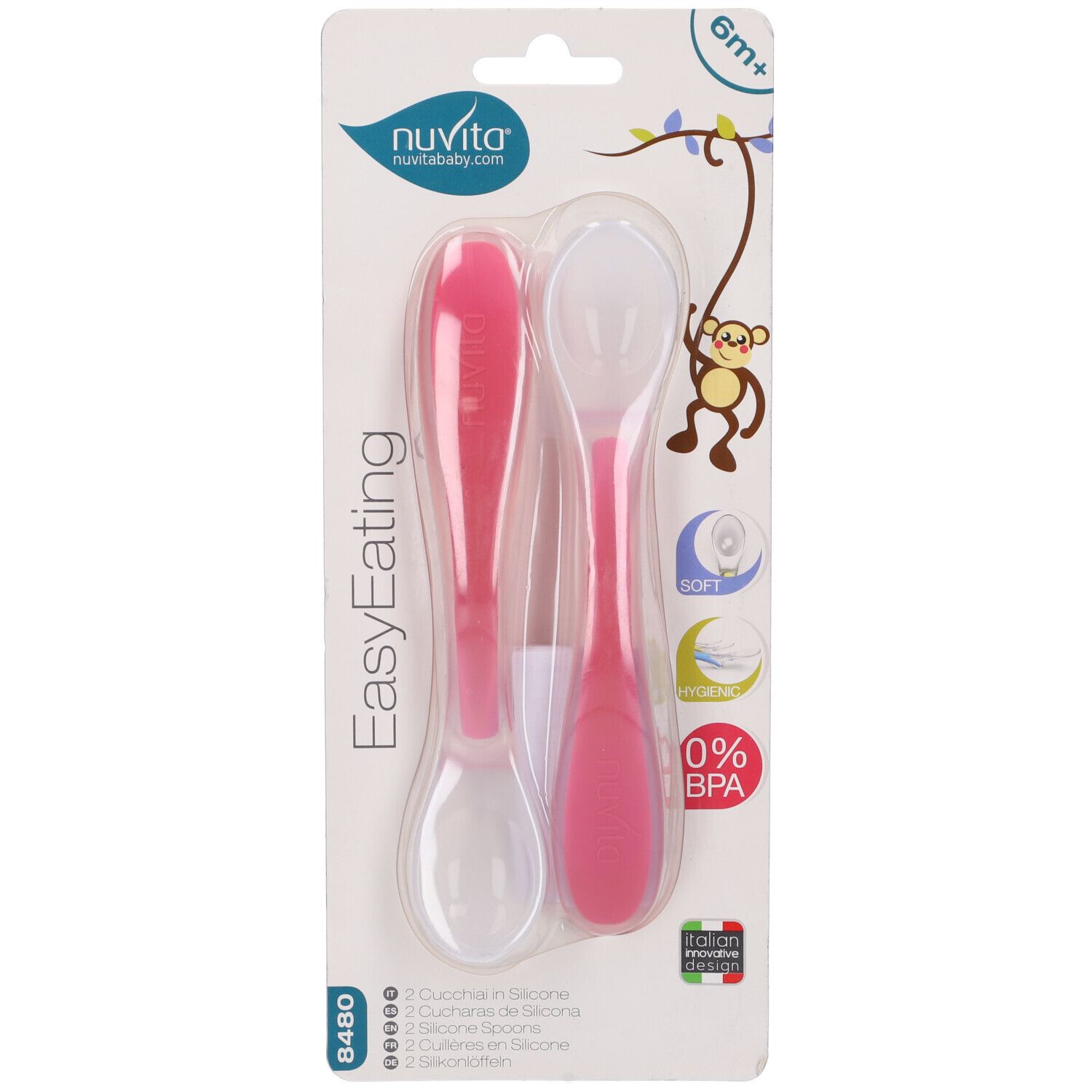 Confezione con due cucchiai in silicone rosa. Marchio "nuvita". Testo: "EasyEating", "0% BPA", "6m+".