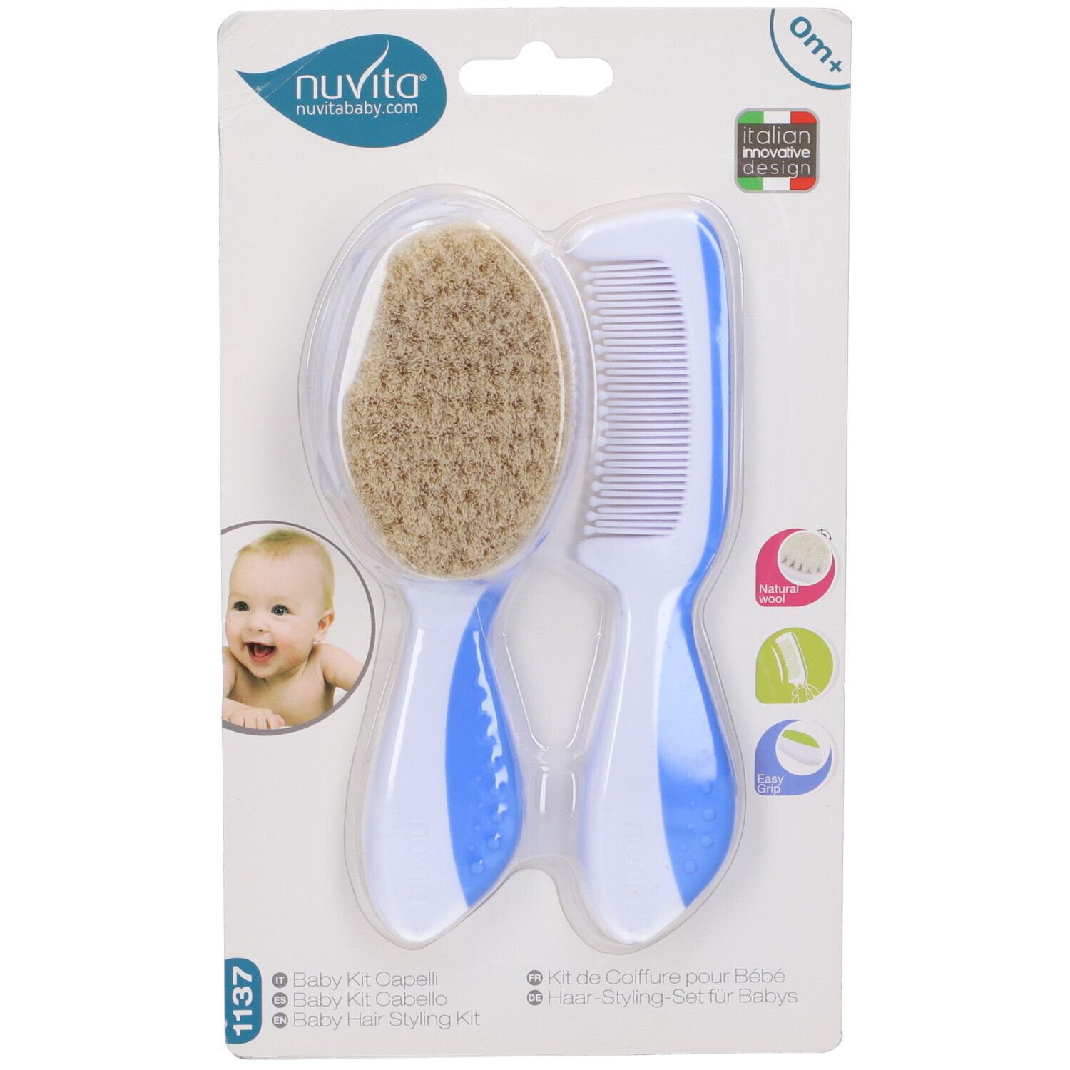 Confezione con set spazzola e pettine per neonati. Marchio Nuvita. Bambino sulla confezione. Logo design italiano. Nome prodotto: Baby Kit Capelli.