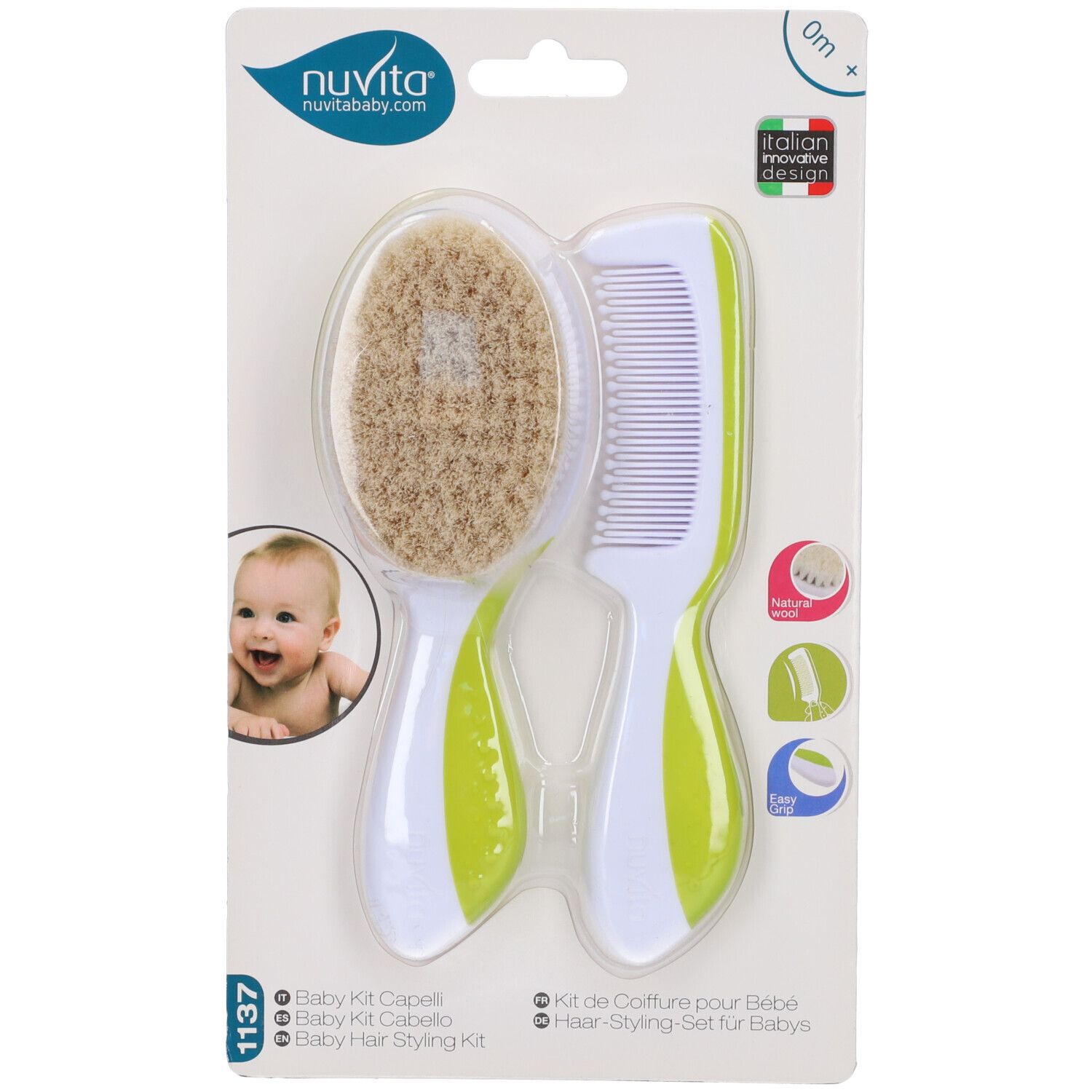 Confezione con spazzola e pettine per bambini. Marchio 'nuvita'. Bambino sulla confezione. Design italiano.