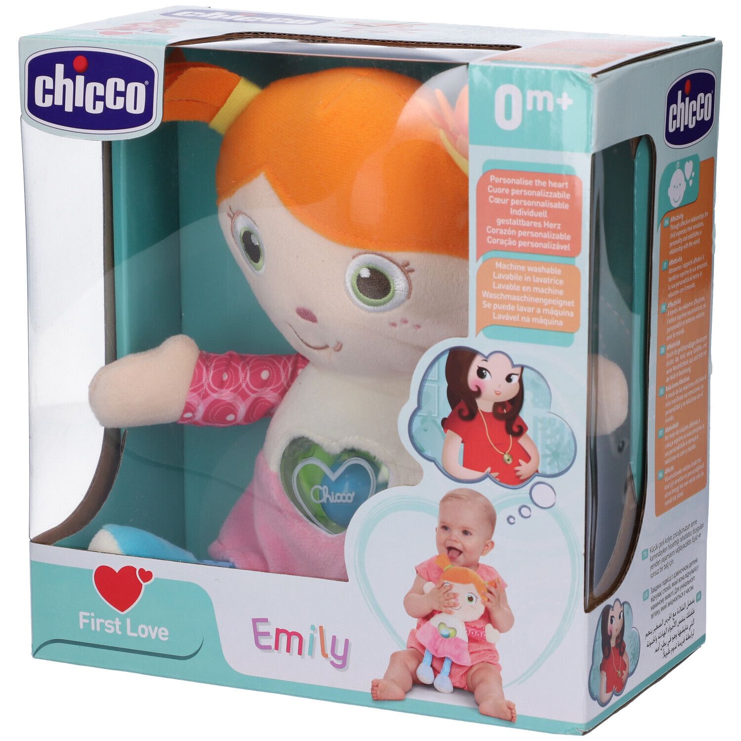 Bambola Chicco First Love Emily in confezione. Capelli arancioni, vestito rosa, cuore. Età: 0m+.