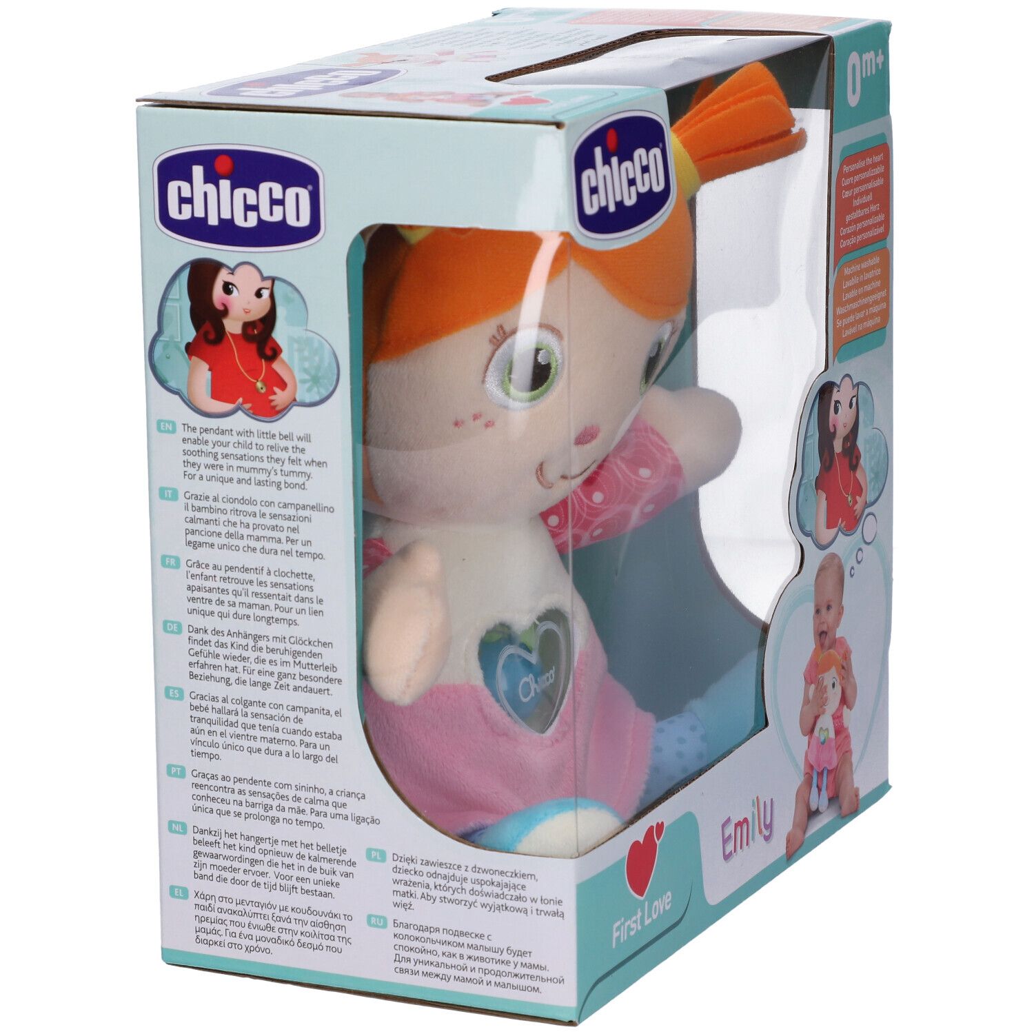 Bambola Chicco First Love Emily in confezione. Capelli arancioni, vestito rosa, cuore. Età: 0m+.