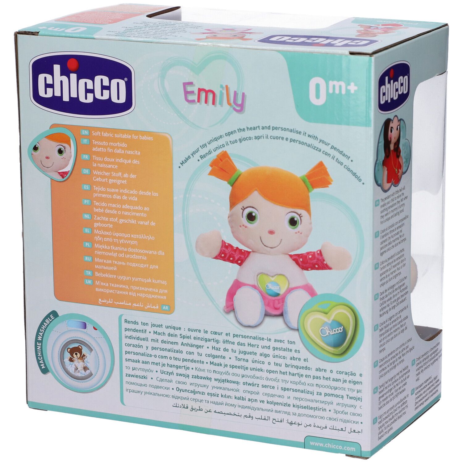 Bambola Chicco First Love Emily in confezione. Capelli arancioni, vestito rosa, cuore. Età: 0m+.