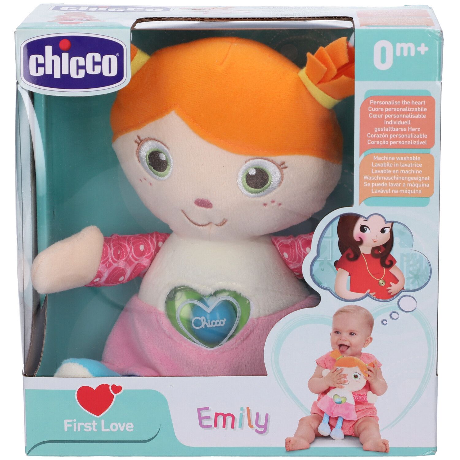 Bambola Chicco First Love Emily in confezione. Capelli arancioni, vestito rosa, cuore. Età: 0m+.