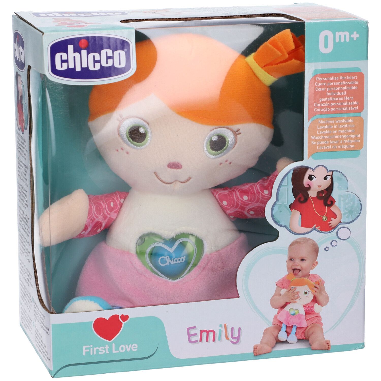 Bambola Chicco First Love Emily in confezione. Capelli arancioni, vestito rosa, cuore. Età: 0m+.