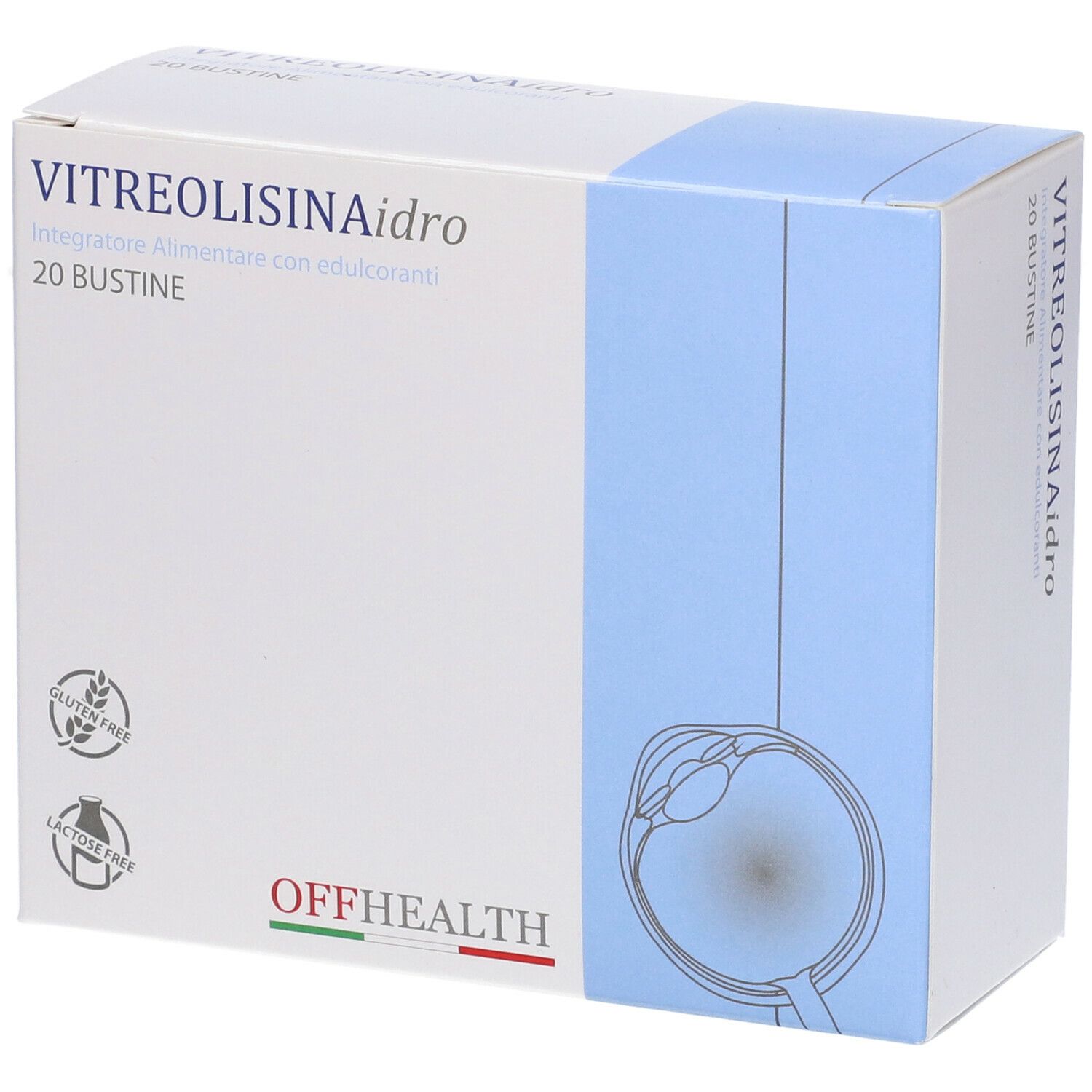 Scatola Vitreolisina Idro, 20 bustine. Senza glutine e lattosio. Confezione bianca e blu con disegno dell'occhio.
