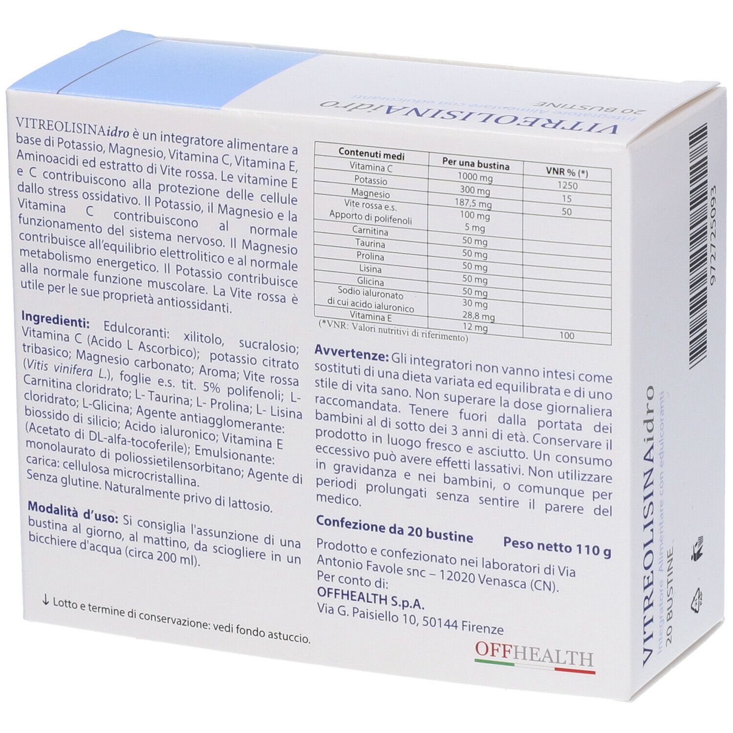 Scatola Vitreolisina Idro, retro con ingredienti e informazioni nutrizionali. 20 bustine.