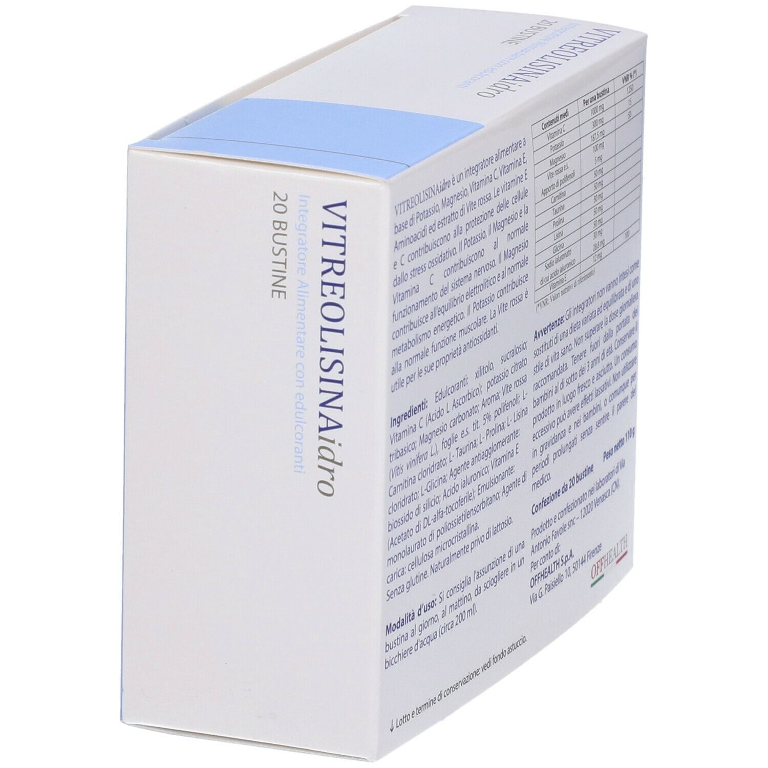 Scatola Vitreolisina Idro, vista laterale con informazioni prodotto. 20 bustine. Senza glutine e lattosio.