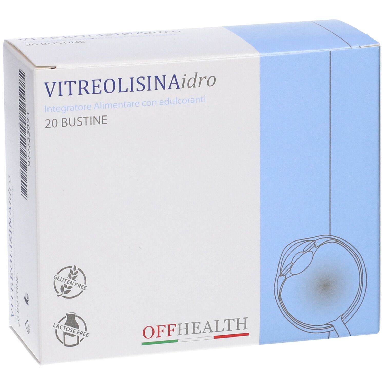 Scatola Vitreolisina Idro, 20 bustine. Senza glutine e lattosio. Confezione bianca e blu con disegno dell'occhio.