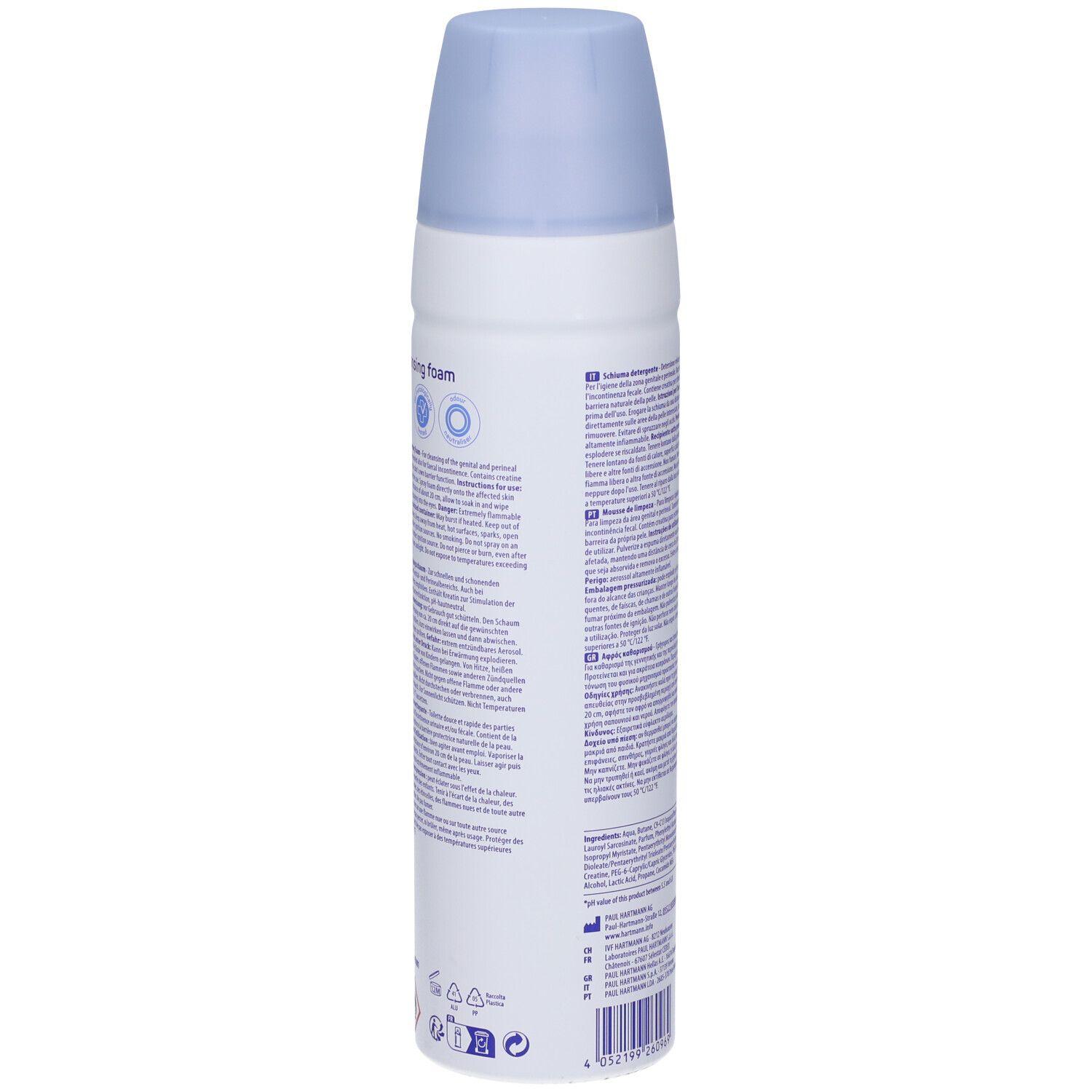 Weiße Aerosoldose mit hellblauem Verschluss. Text auf Deutsch und anderen Sprachen.
