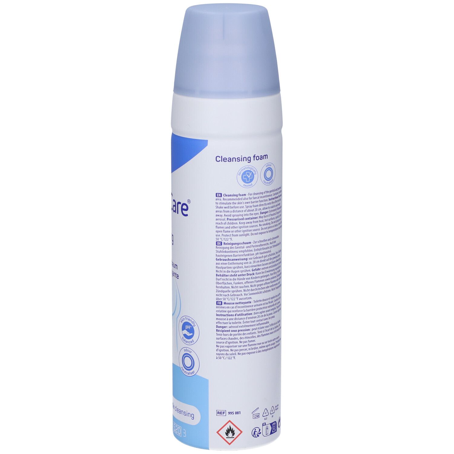 Weiße Aerosoldose mit blauem Verschluss, beschriftet mit 'Cleansing foam'.