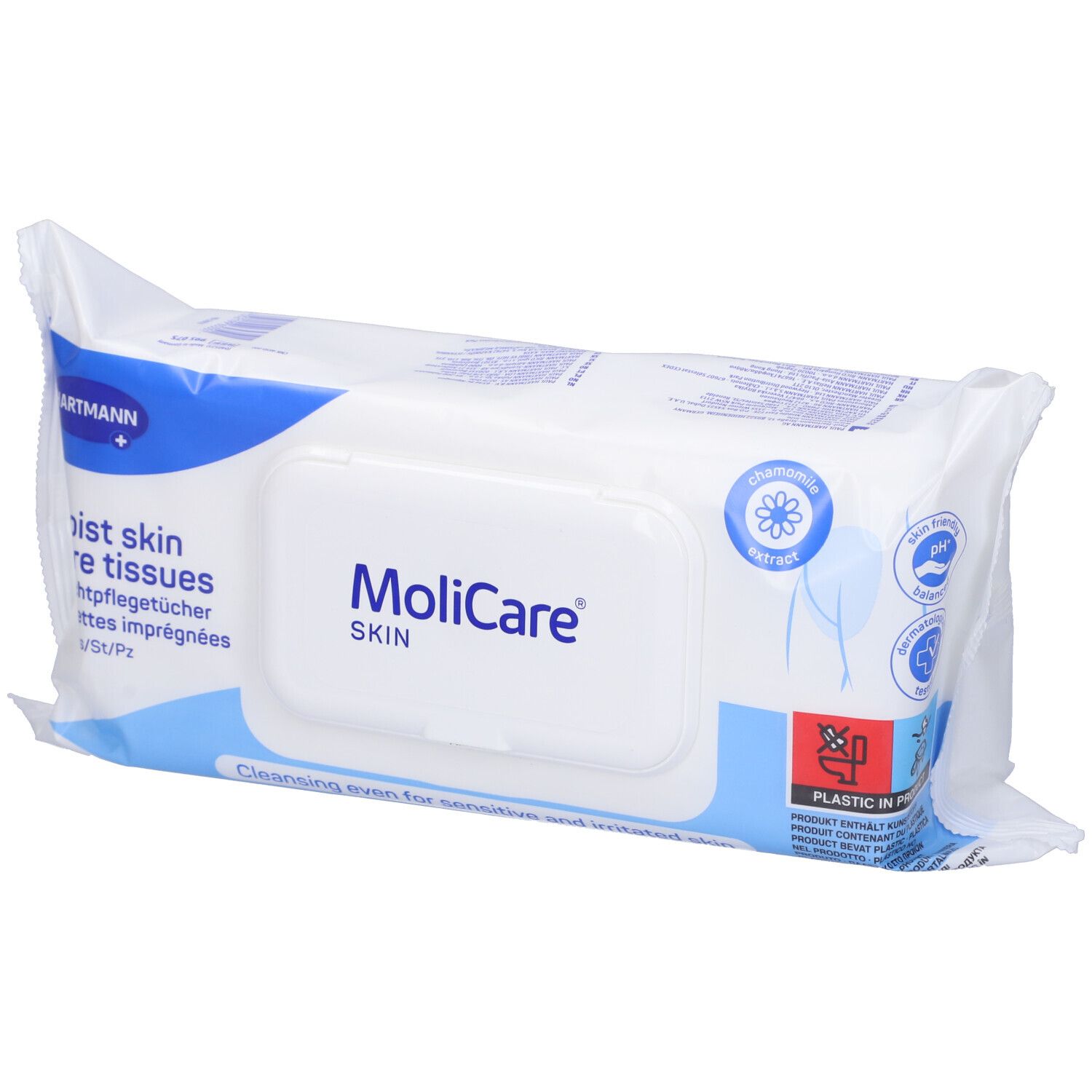 Confezione bianca MoliCare Skin. Dettagli blu, logo Hartmann. Coperchio con nome prodotto. Testo: Moist skin care tissues.