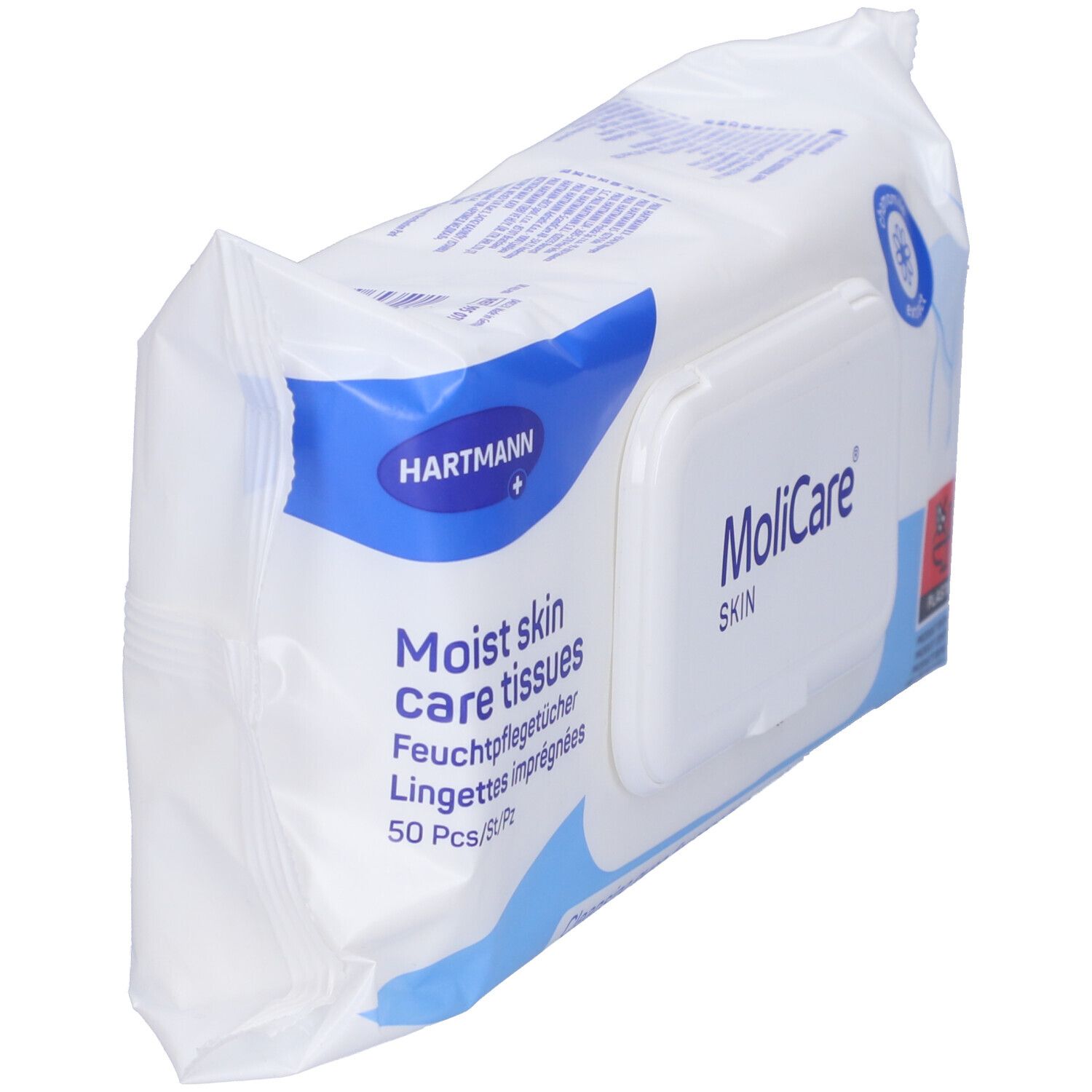 Confezione MoliCare Skin, angolata. Bianca con dettagli blu. Logo Hartmann. Coperchio con nome prodotto. 50 pezzi.