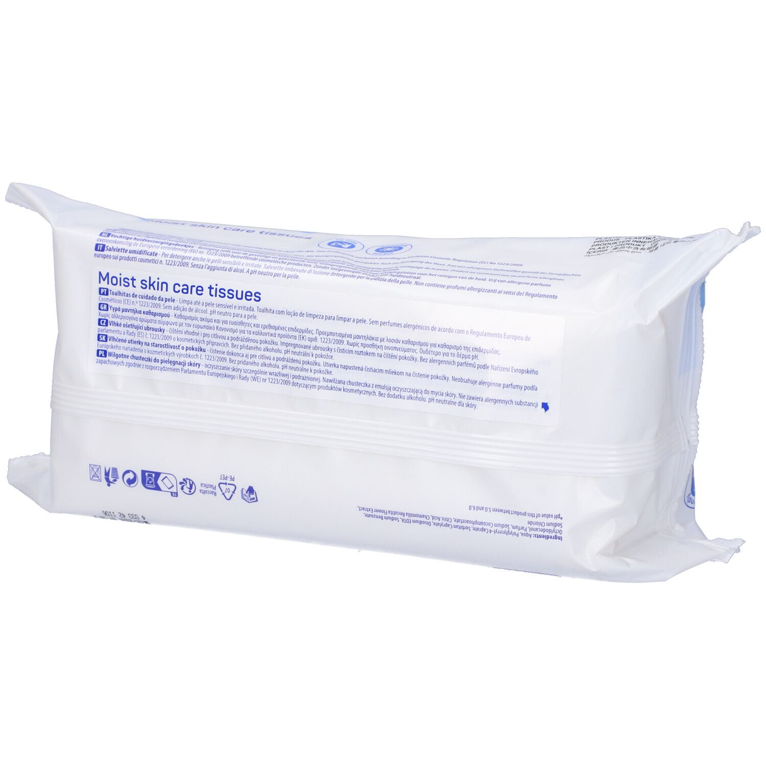 Retro confezione MoliCare Skin. Bianco con dettagli blu. Testo multilingue. Simboli di riciclaggio.