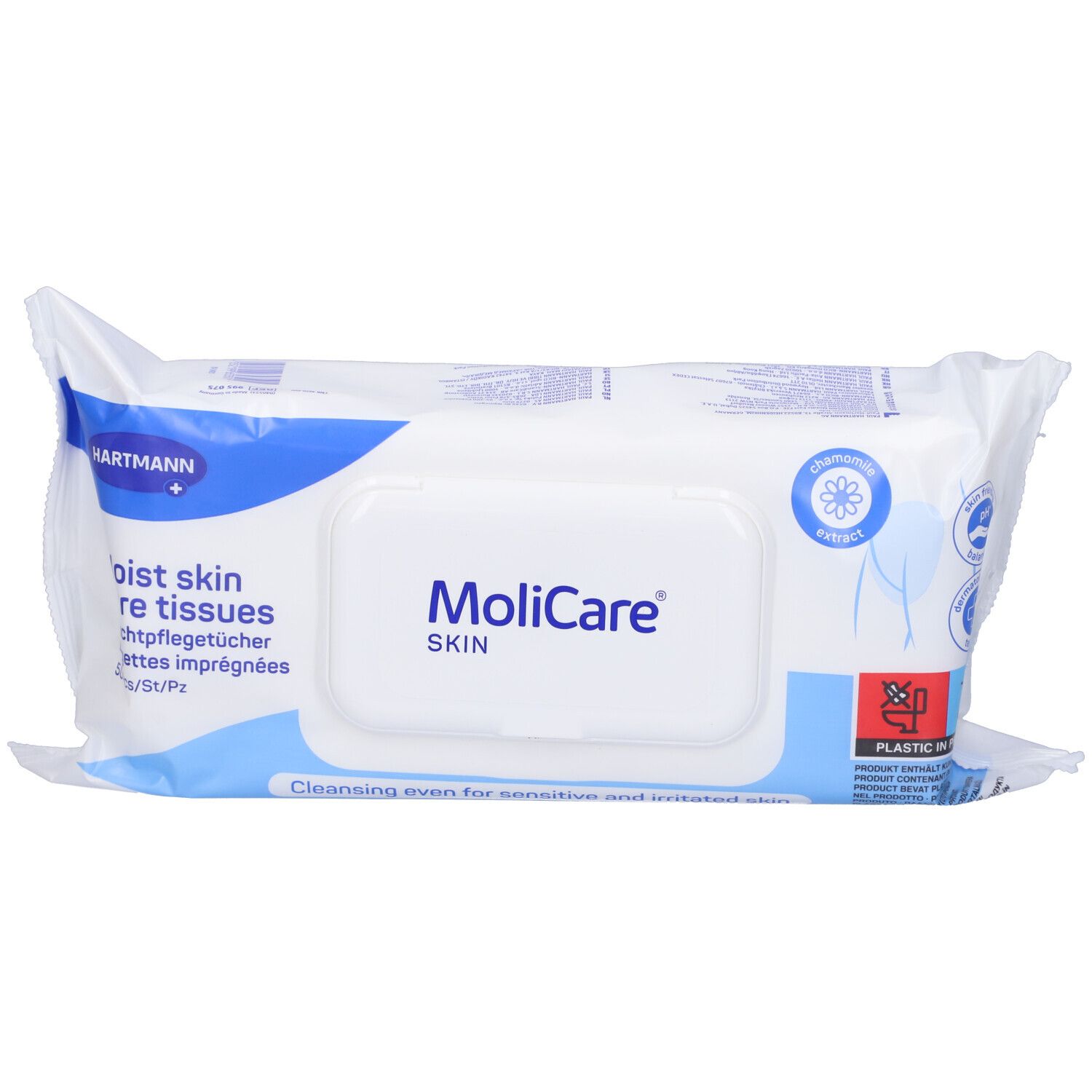 Confezione bianca MoliCare Skin. Dettagli blu, logo Hartmann. Coperchio con nome prodotto. Testo: Moist skin care tissues.