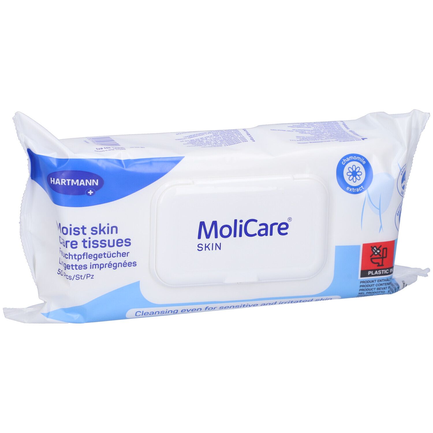 Confezione bianca MoliCare Skin. Dettagli blu, logo Hartmann. Coperchio con nome prodotto. Testo: Moist skin care tissues.