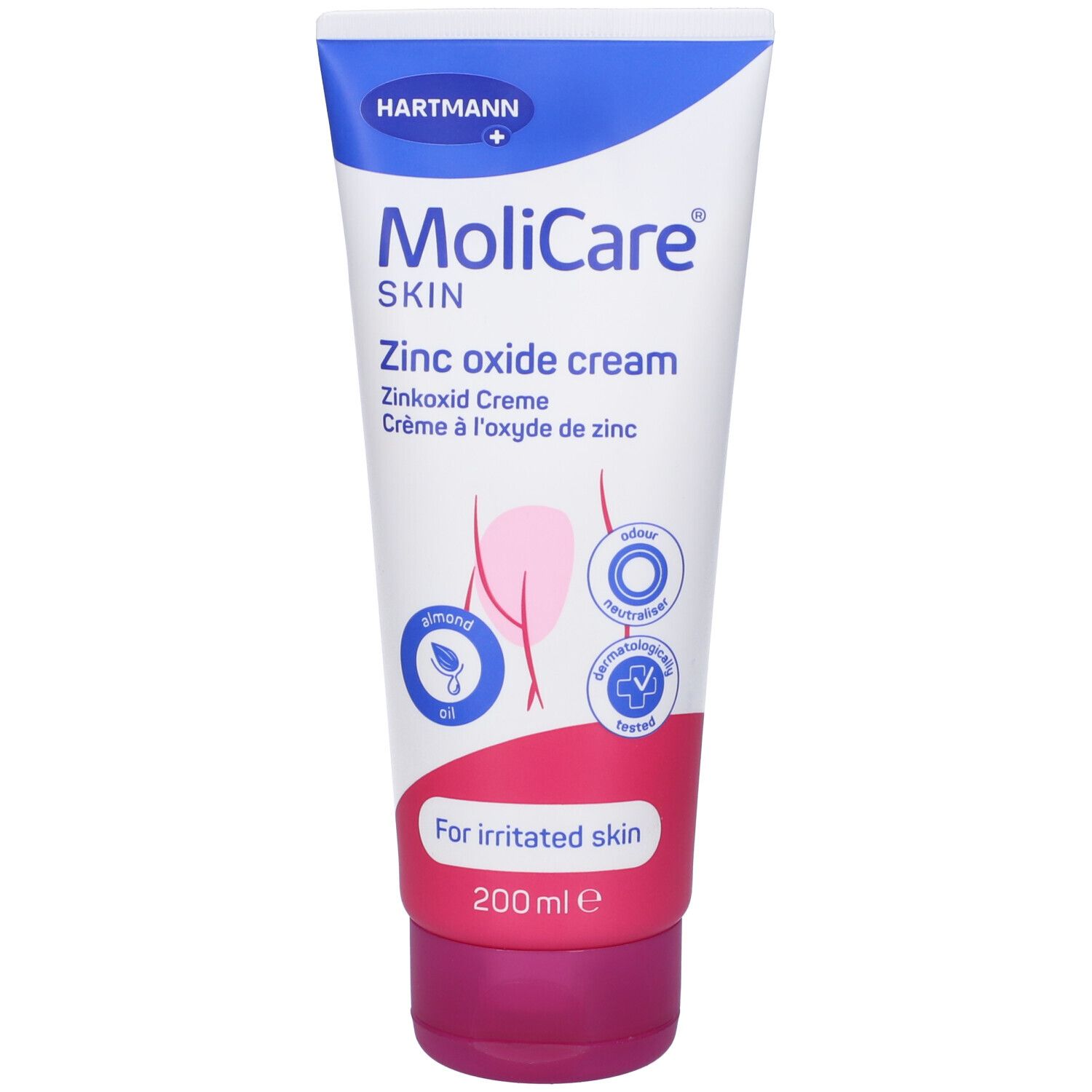Tubo di crema MoliCare SKIN all'ossido di zinco. Confezione blu e bianca. Contiene olio di mandorle. Dermatologicamente testato. 200ml.