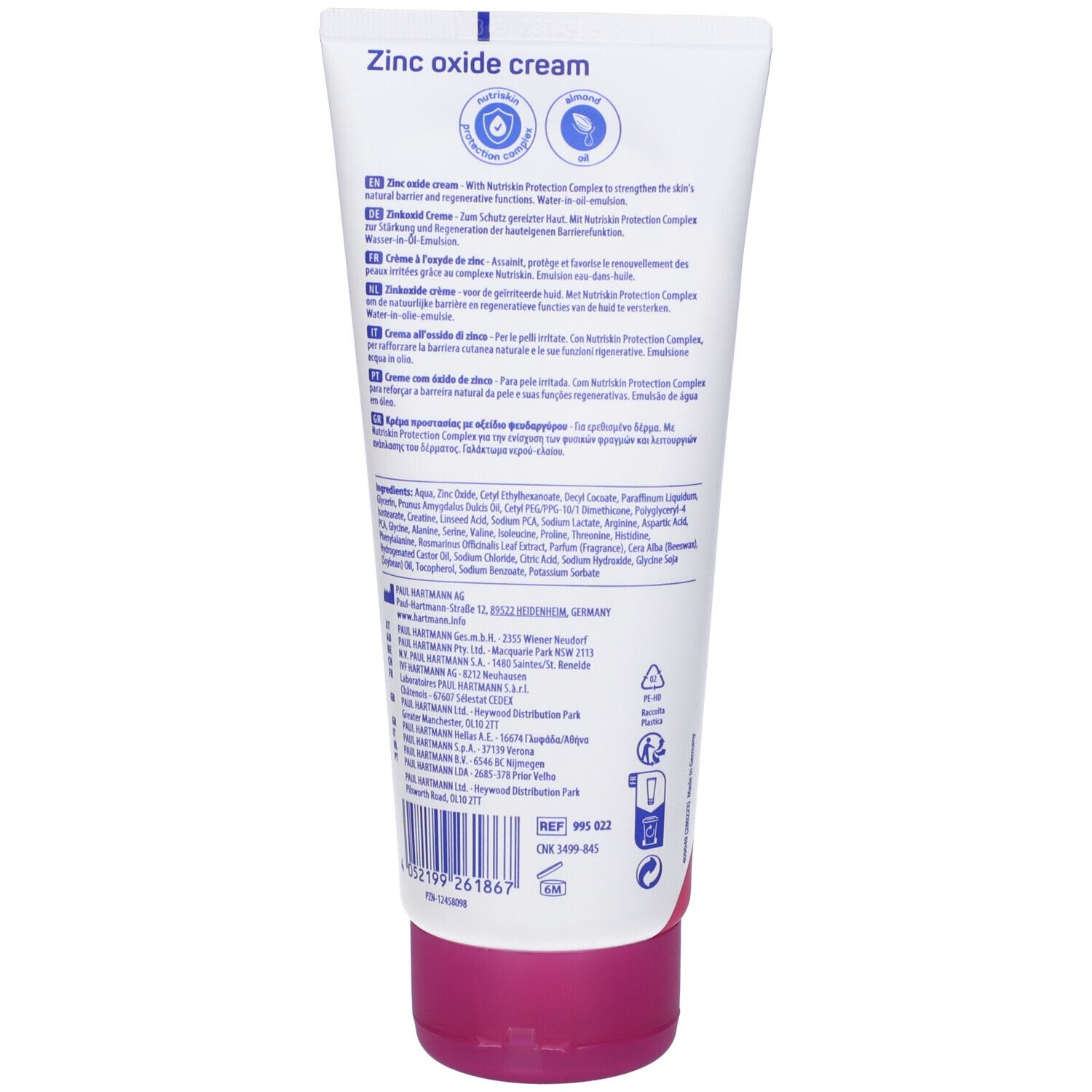 Retro del tubo di crema MoliCare SKIN all'ossido di zinco. Contiene testo multilingue e ingredienti. Con simbolo di riciclaggio.