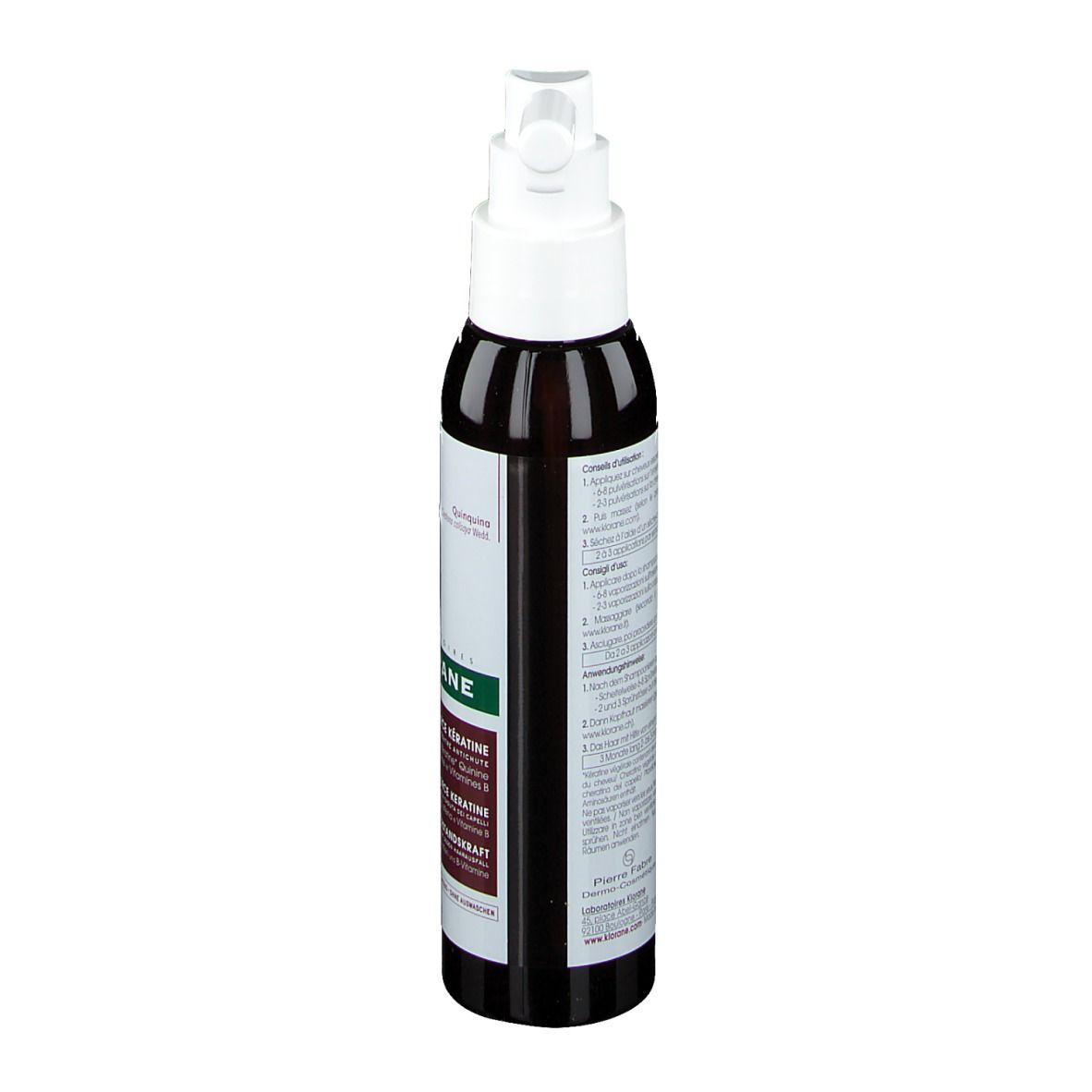 Dos du flacon brun avec vaporisateur blanc. Texte multilingue. 125 ml.