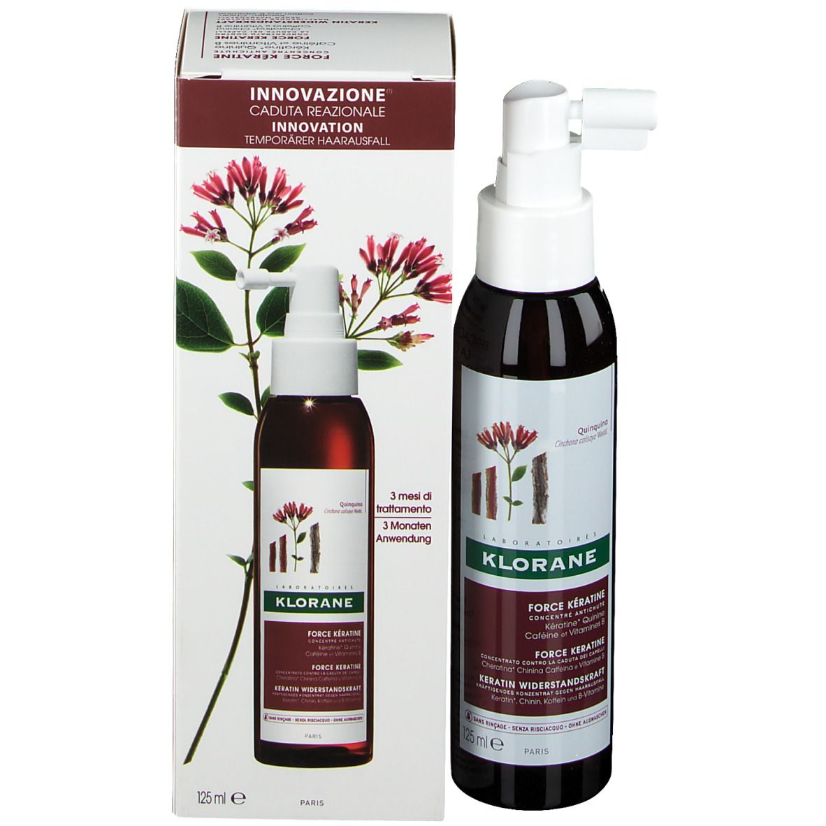 Flacon et emballage du produit. Inscription INNOVATION, KLORANE, Force Kératine. 125 ml.