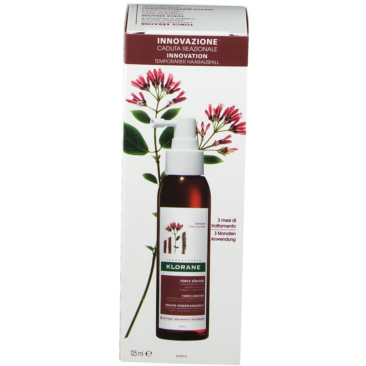 Flacon et emballage du produit. Inscription INNOVATION, KLORANE, Force Kératine. 125 ml.