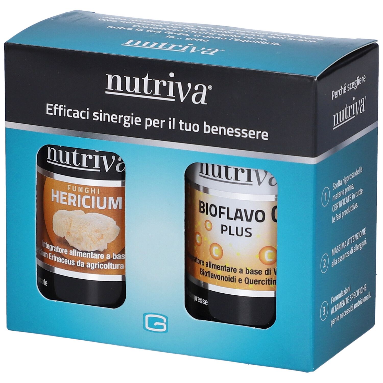 Confezione con due flaconi. Scritta "nutriva". Un flacone "HERICIUM", l'altro "BIOFLAVO C PLUS".