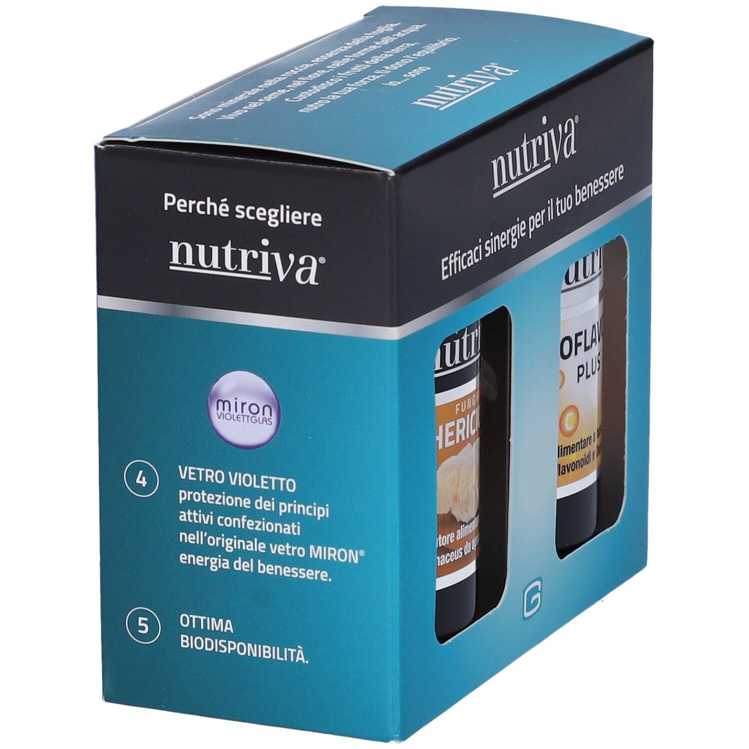 Confezione con due flaconi. Scritta "nutriva". Testo sui vantaggi. Sul lato: "VETRO VIOLETTO" e "OTTIMA BIODISPONIBILITÀ".