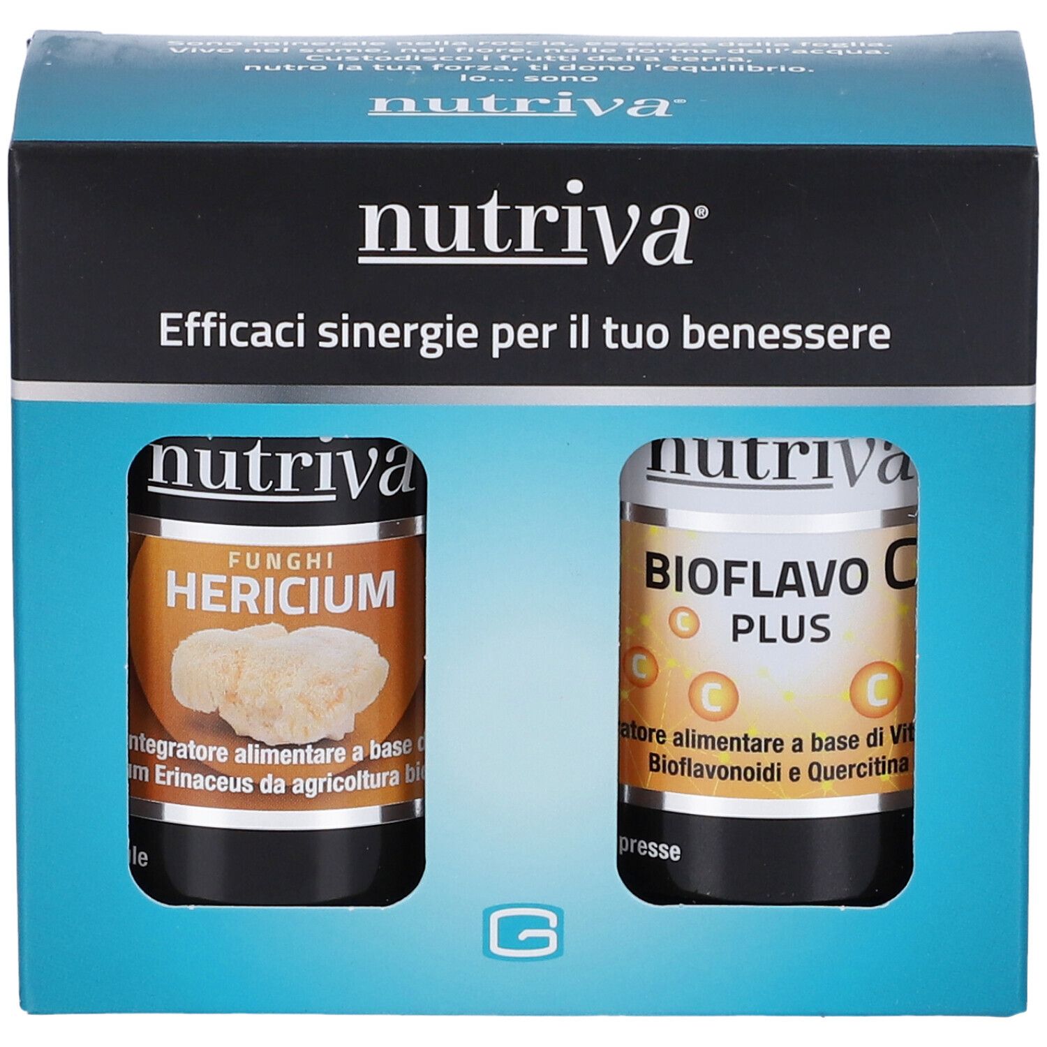Confezione con due flaconi. Scritta "nutriva". Un flacone "HERICIUM", l'altro "BIOFLAVO C PLUS".