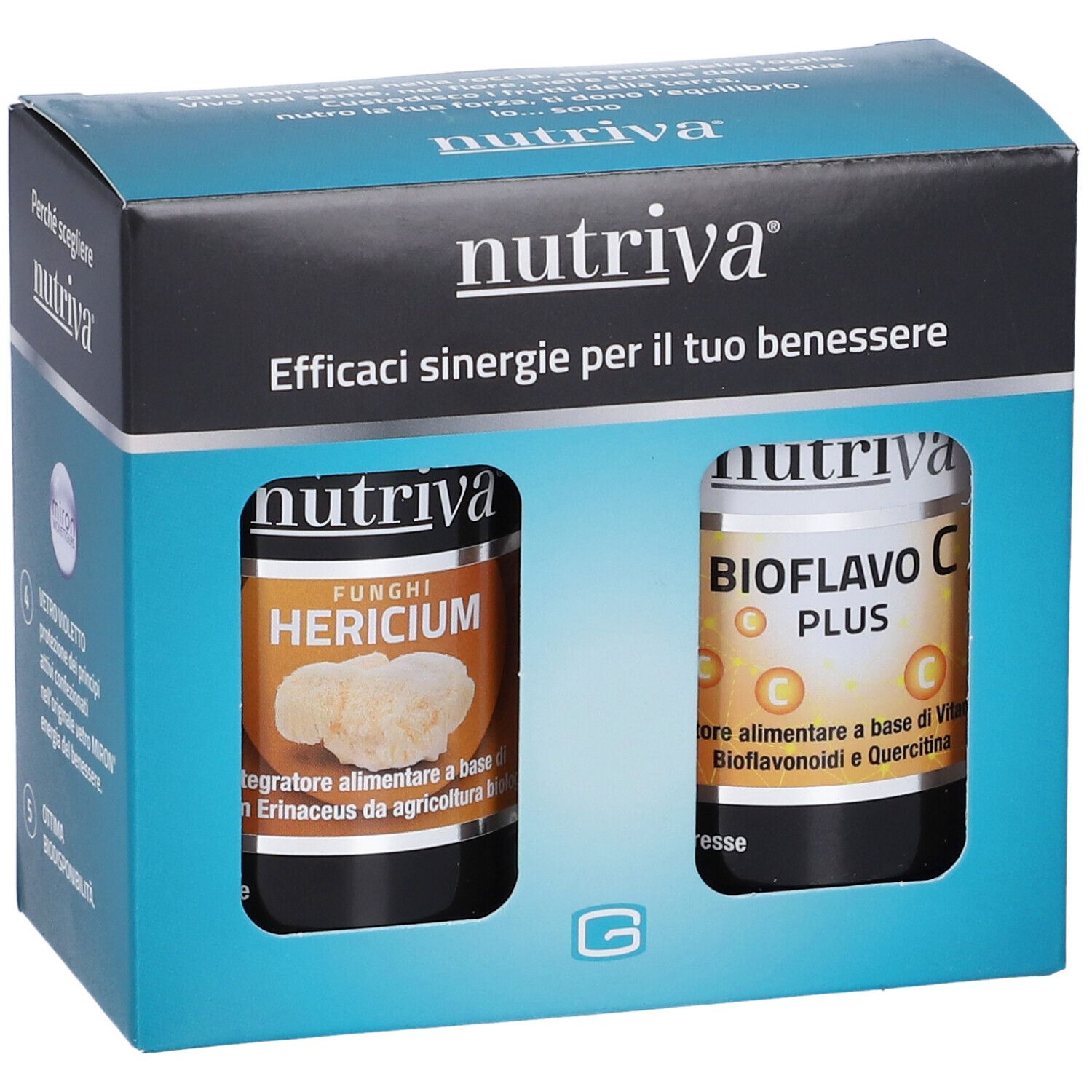 Confezione con due flaconi. Scritta "nutriva". Un flacone "HERICIUM", l'altro "BIOFLAVO C PLUS".