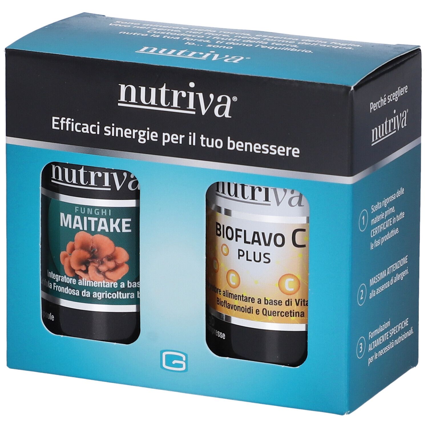 Confezione con due flaconi. Scritta 'nutriva'. Un flacone 'MAITAKE', l'altro 'BIOFLAVO C PLUS'.