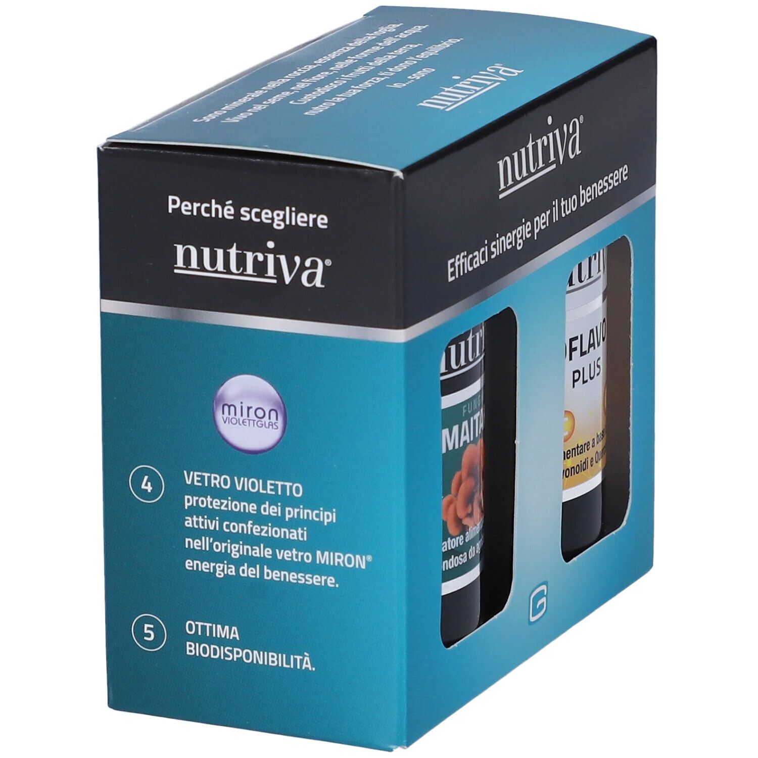 Confezione con due flaconi. Scritta 'nutriva'. Testo sul vetro 'Miron'. Scritta 'Ottima Biodisponibilità'.