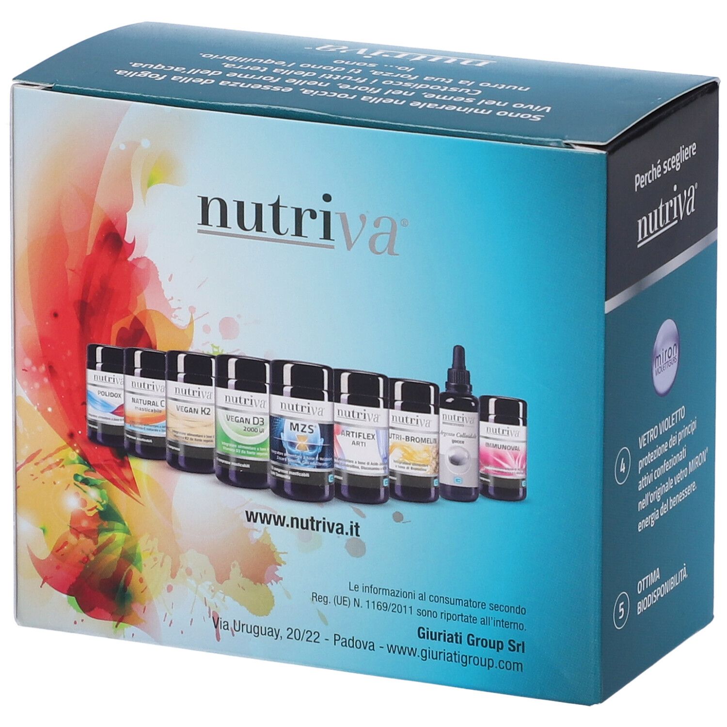 Confezione con più flaconi e contagocce. Scritta 'nutriva'. Indirizzo del sito web 'www.nutriva.it'.