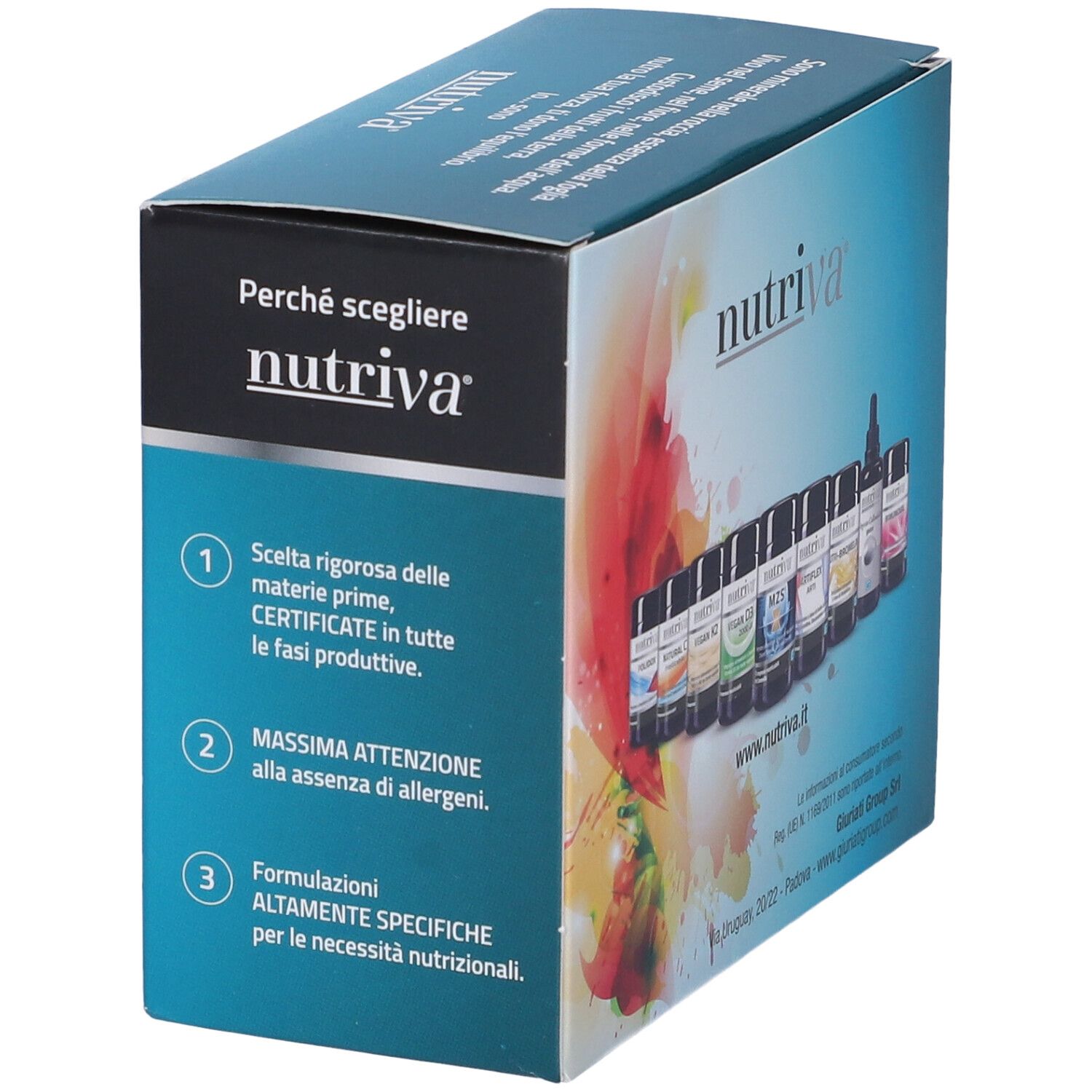 Confezione con più flaconi. Scritta 'nutriva'. Testo su certificati e allergeni. Testo su formulazioni.