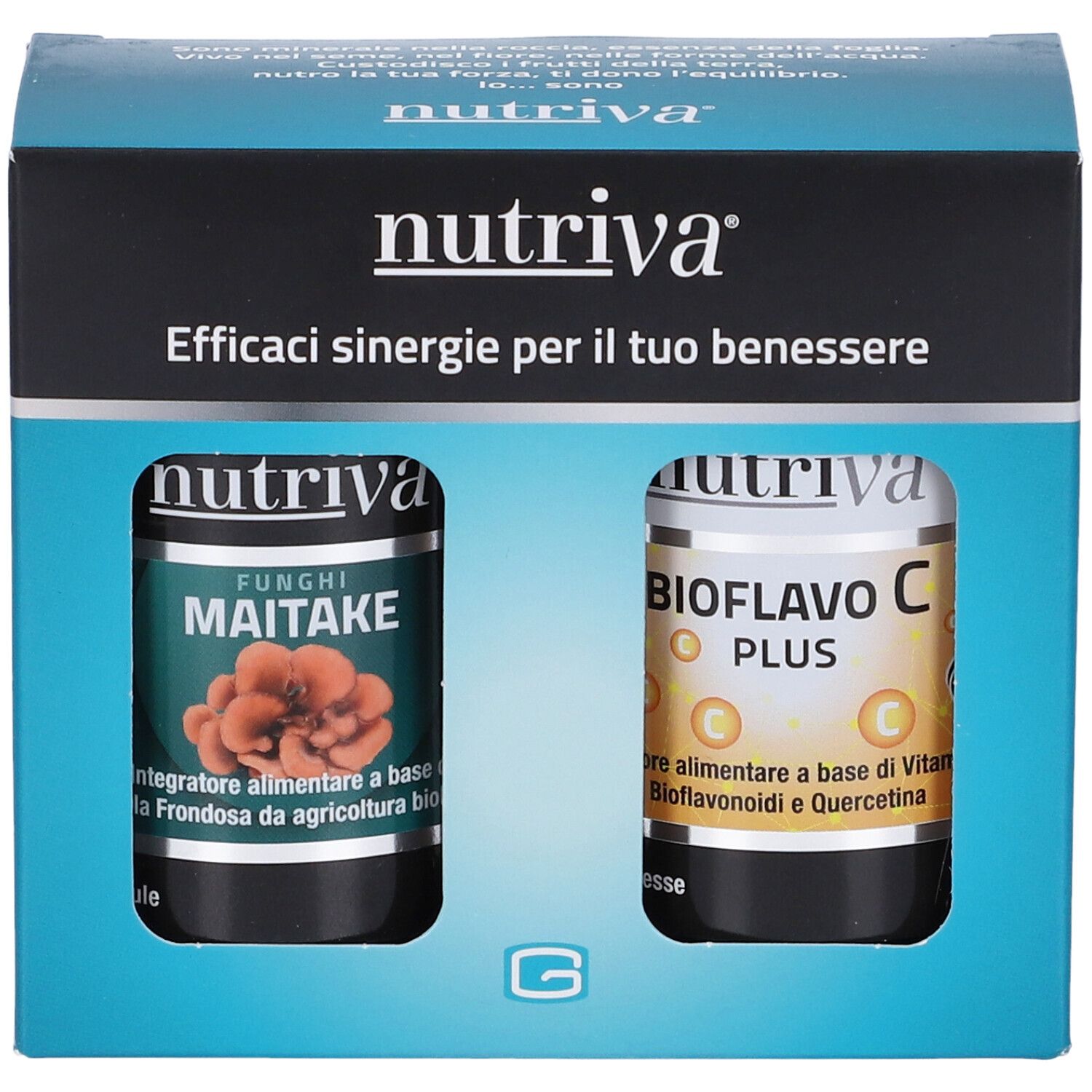 Confezione con due flaconi. Scritta 'nutriva'. Un flacone 'MAITAKE', l'altro 'BIOFLAVO C PLUS'.