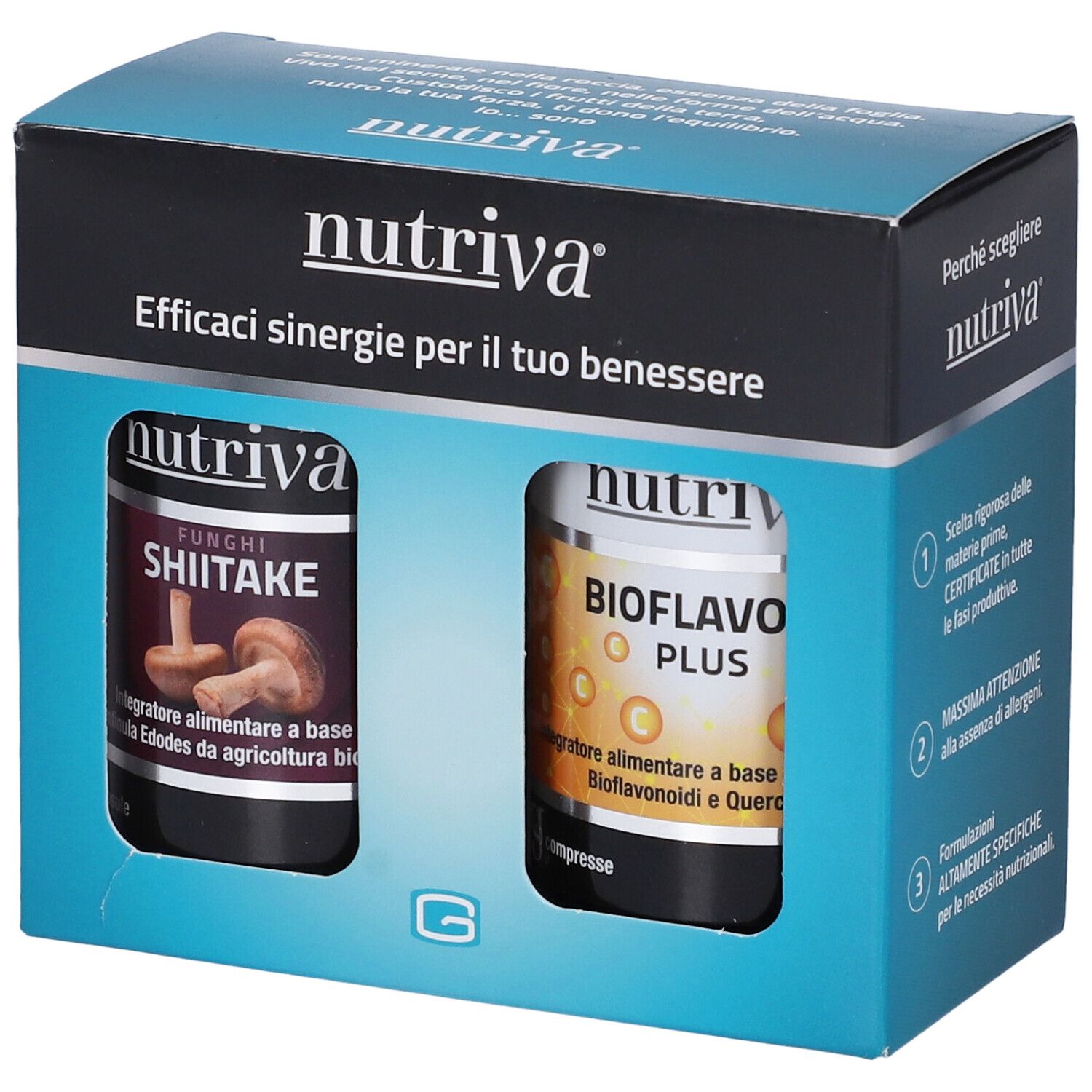 Confezione Nutriva con due flaconi. Shiitake e Bioflavo Plus. Ingredienti visibili. Testo in italiano.