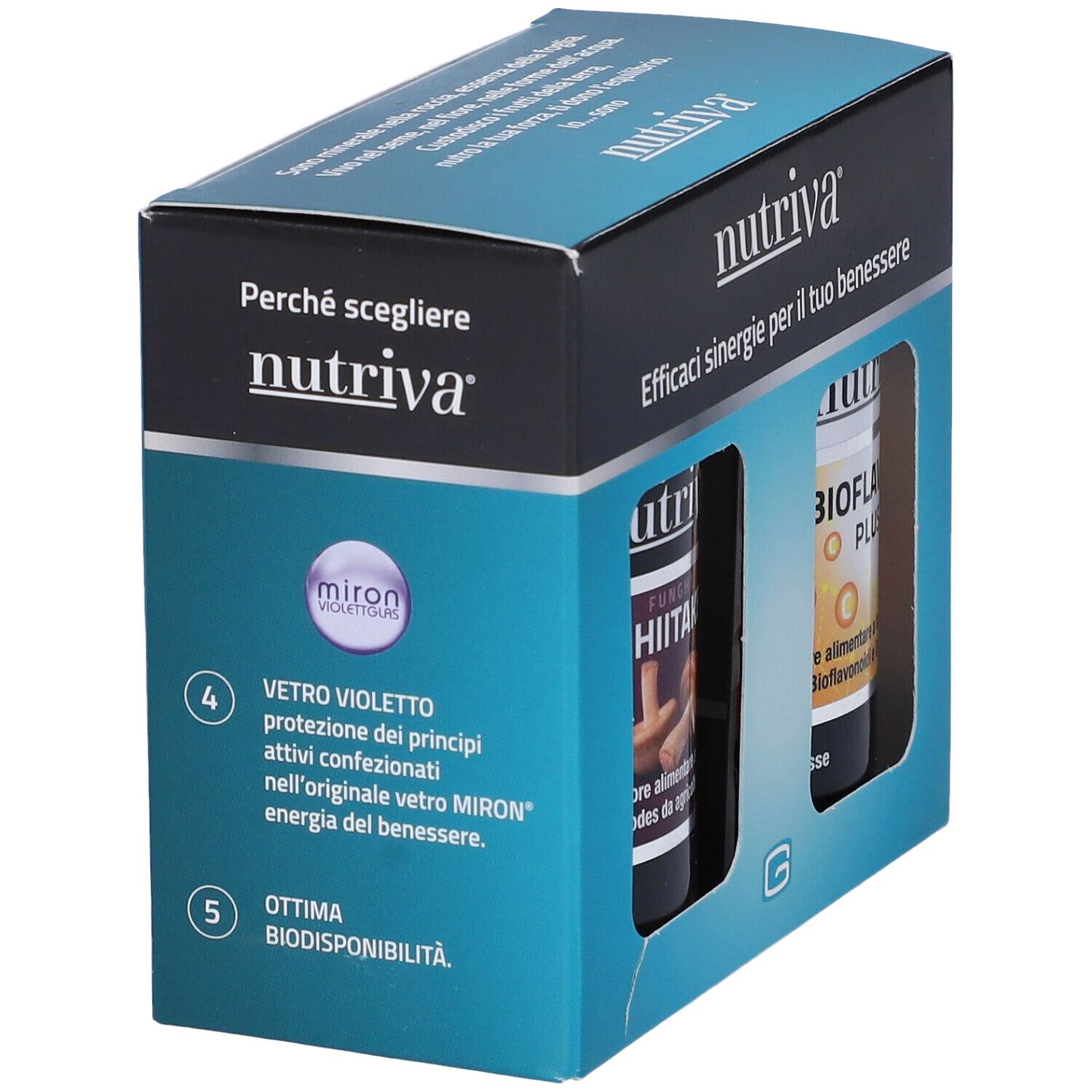 Scatola Nutriva. Scritta 'Perché scegliere Nutriva'. Due flaconi visibili. Testo in italiano.