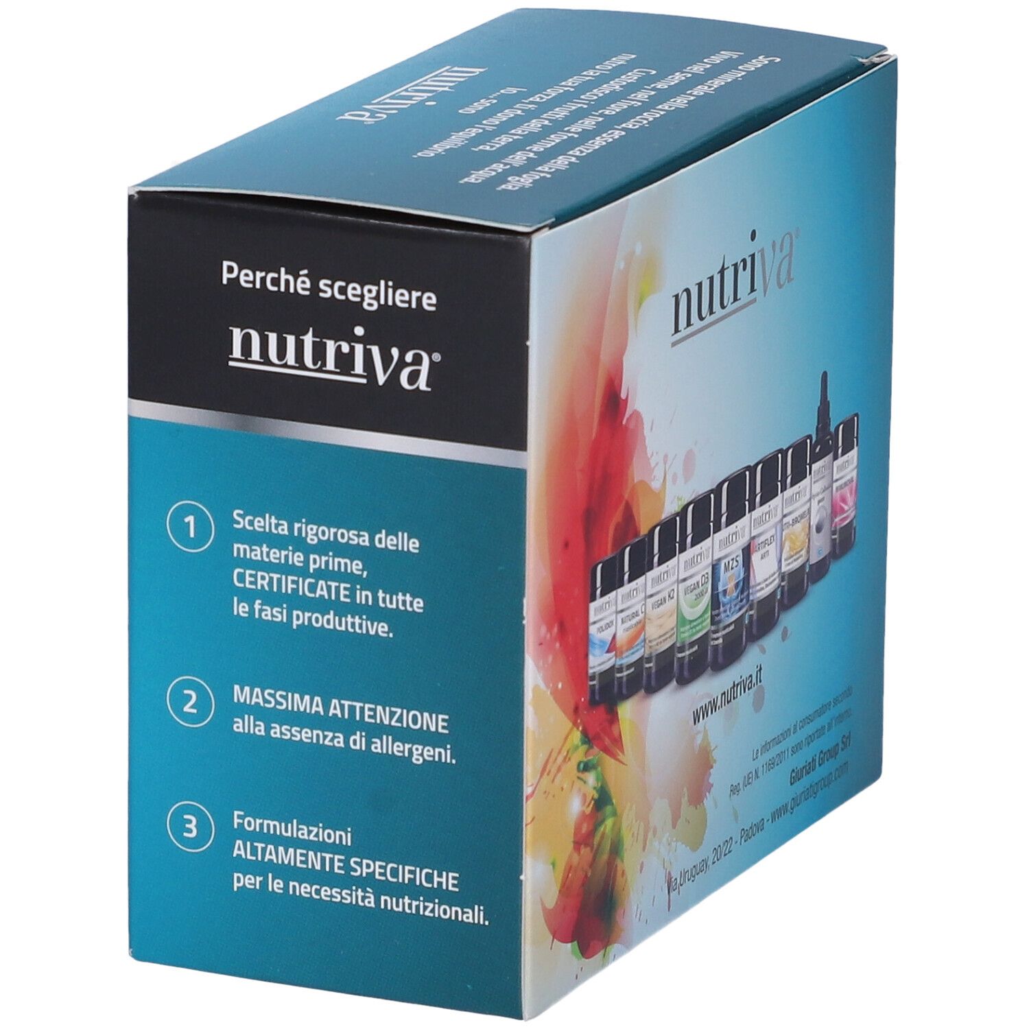 Scatola Nutriva. Scritta 'Perché scegliere Nutriva'. Più flaconi visibili. Testo in italiano.