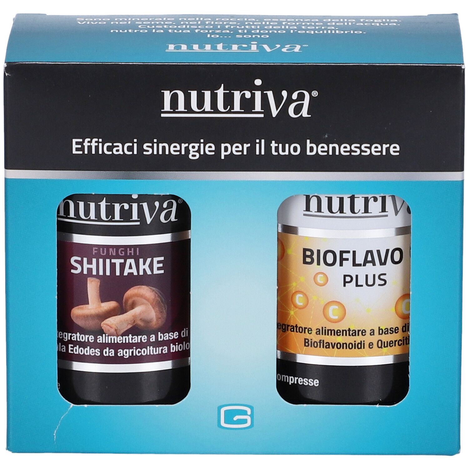 Confezione con due flaconi. Shiitake e Bioflavo Plus. Marchio Nutriva. Ingredienti visibili.