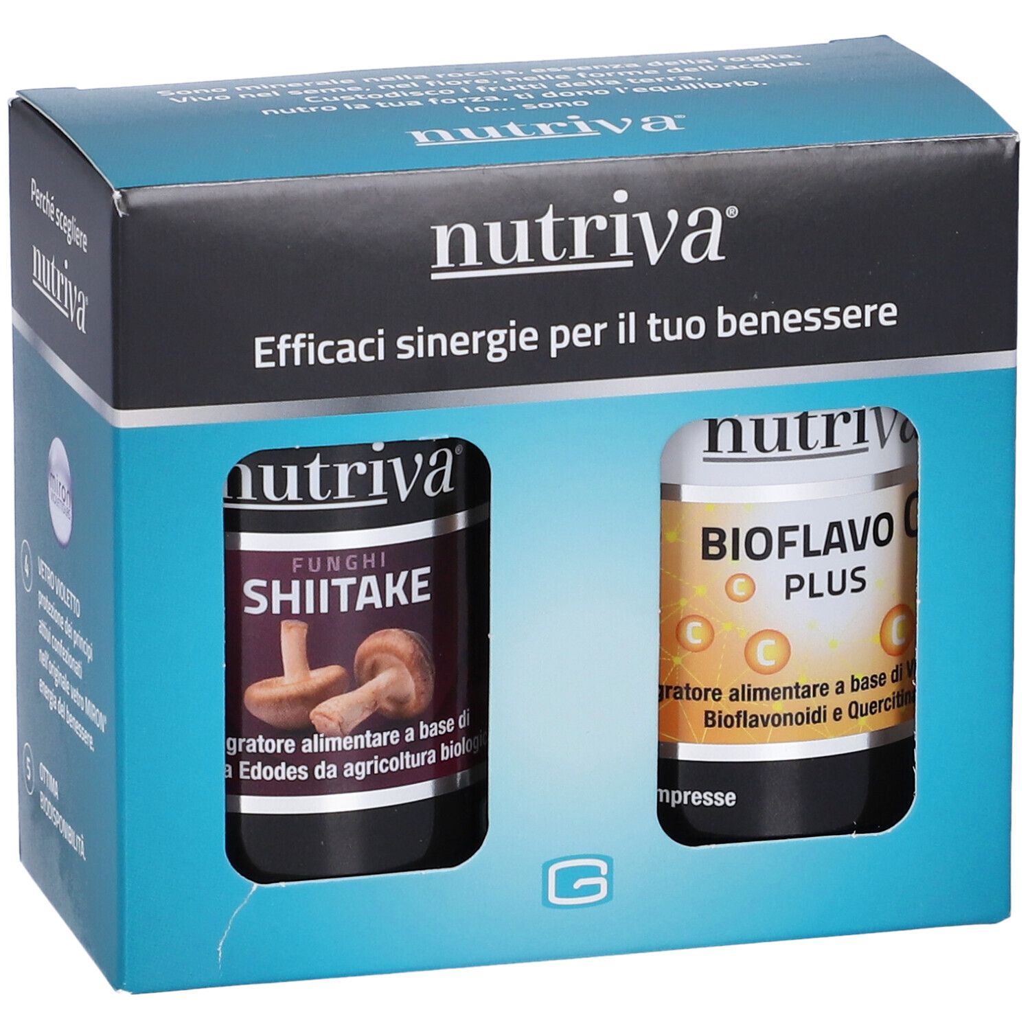 Confezione con due flaconi. Shiitake e Bioflavo Plus. Marchio Nutriva. Ingredienti visibili.