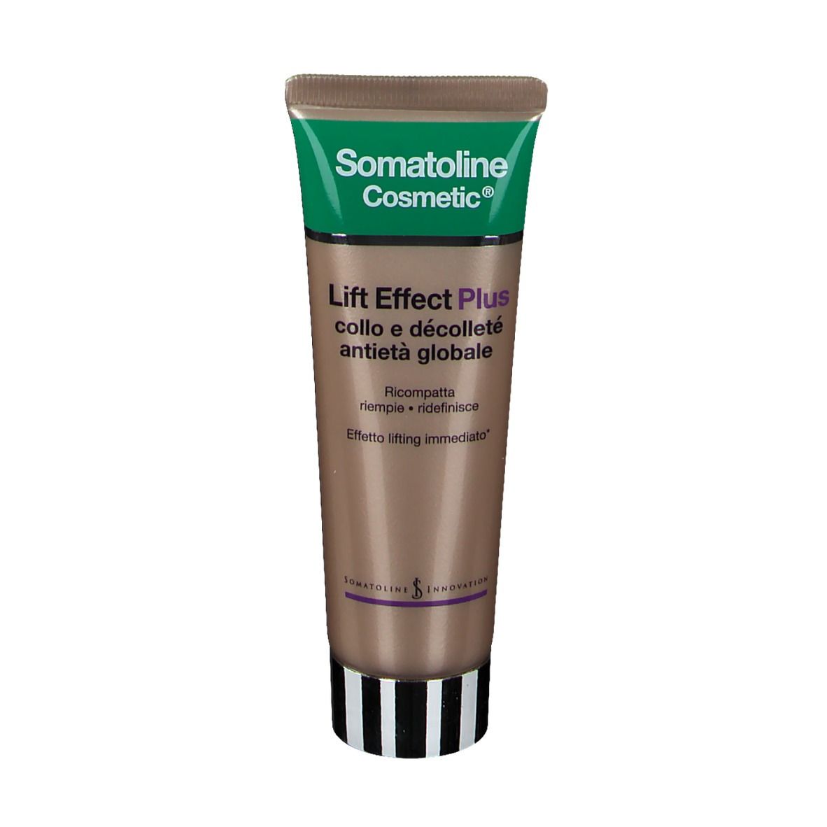 Tubo di crema con tappo verde. Scritta: Somatoline Cosmetic, Lift Effect Plus. Parte inferiore a strisce.