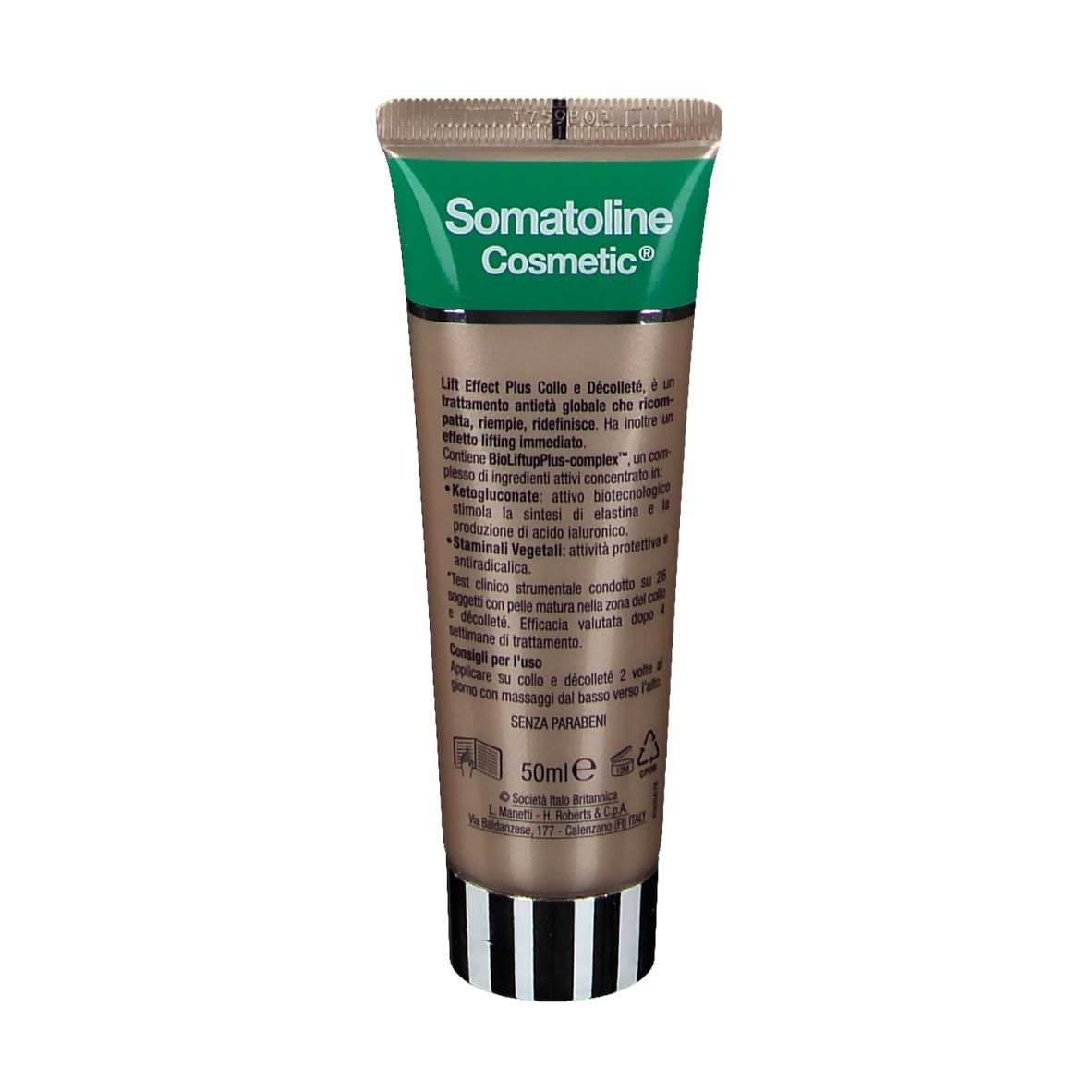 Retro del tubo di crema. Scritta: Somatoline Cosmetic, Lift Effect Plus. Testo in italiano. Parte inferiore a strisce.