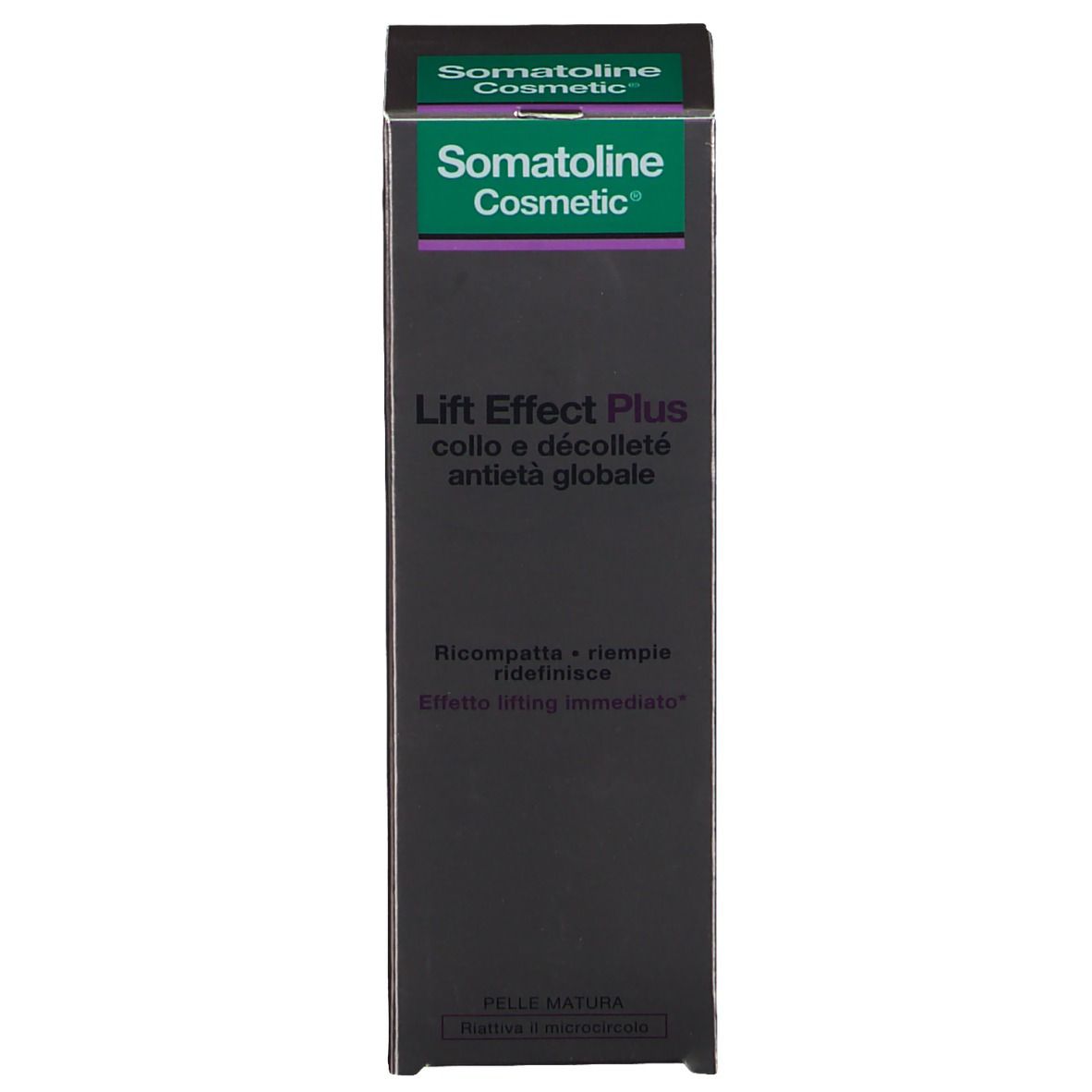 Confezione del prodotto. Nera, verde e viola. Scritta: Somatoline Cosmetic, Lift Effect Plus. Testo in italiano.