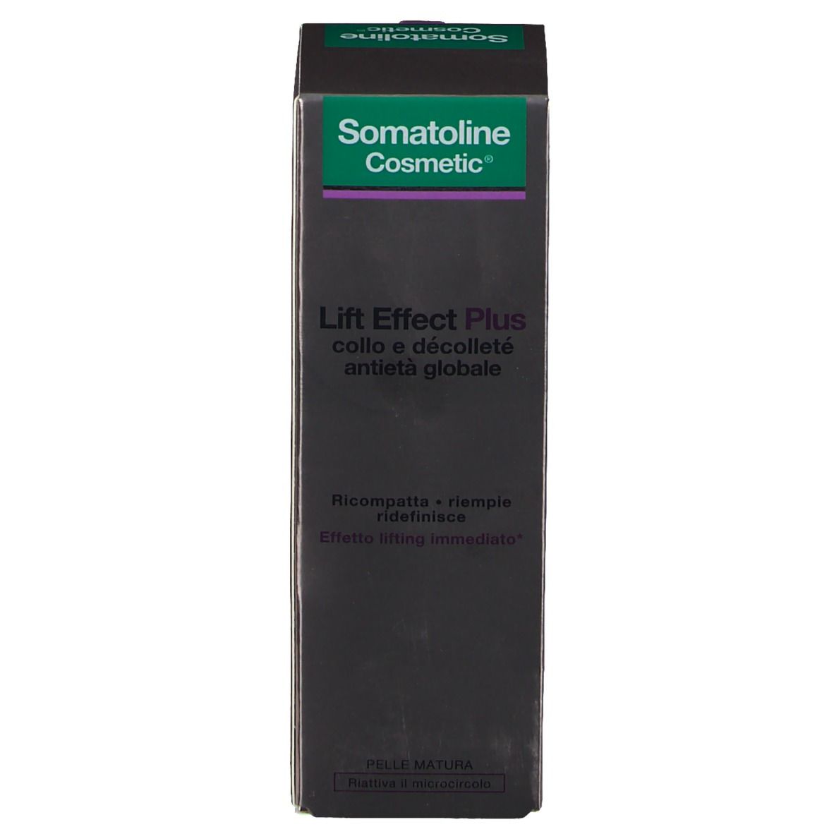 Confezione del prodotto. Nera, verde e viola. Scritta: Somatoline Cosmetic, Lift Effect Plus. Testo in italiano.