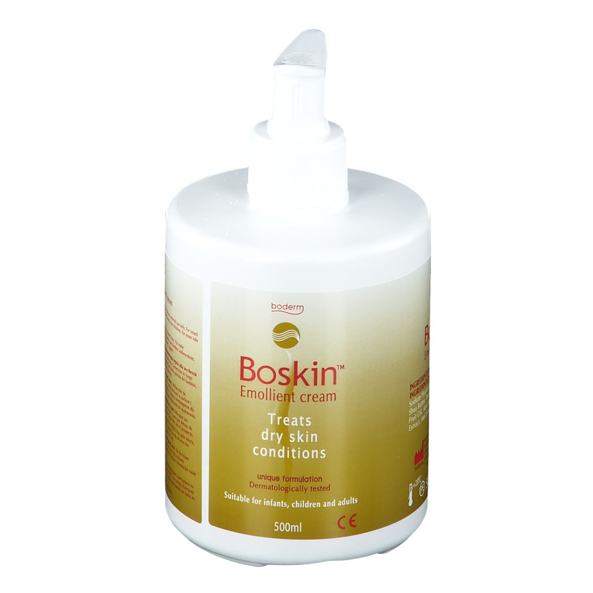 Flacone di Boskin™ Crema Emolliente con dispenser. Flacone bianco con nome del prodotto, testo e marchio CE. Per pelli secche. 500ml.
