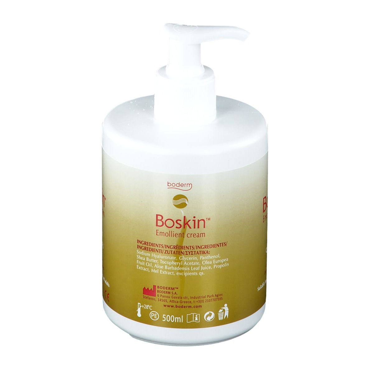 Flacone di Boskin™ Crema Emolliente con dispenser. Flacone bianco con nome del prodotto, testo e ingredienti. Per pelli secche. 500ml.