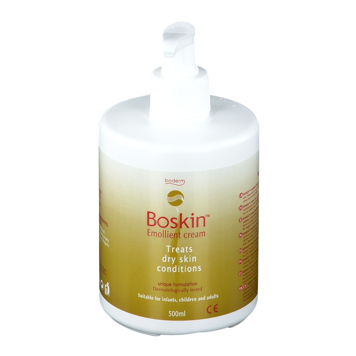 Flacone di Boskin™ Crema Emolliente con dispenser. Flacone bianco con nome del prodotto, testo e marchio CE. Per pelli secche. 500ml.