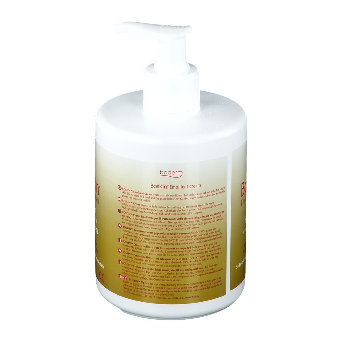 Flacone di Boskin™ Crema Emolliente con dispenser. Flacone bianco con nome del prodotto, testo e marchio CE. Per pelli secche. 500ml.
