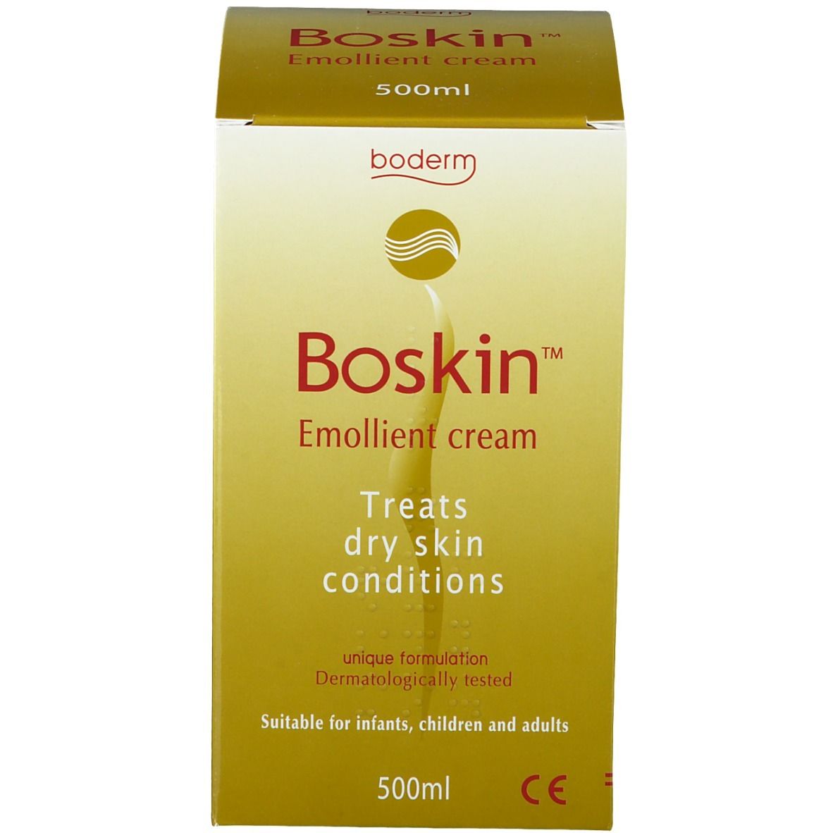 Confezione di Boskin™ Crema Emolliente. Scatola gialla con nome del prodotto, testo e marchio CE. Per pelli secche. 500ml.