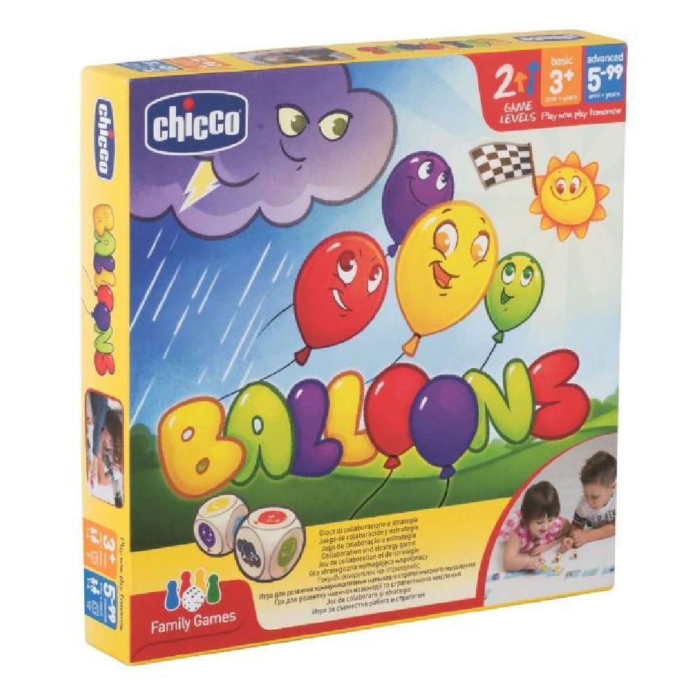 Scatola del gioco "Balloons" con palloncini colorati e logo Chicco. Adatto a bambini dai 2 anni in su. Include dadi e illustrazioni.